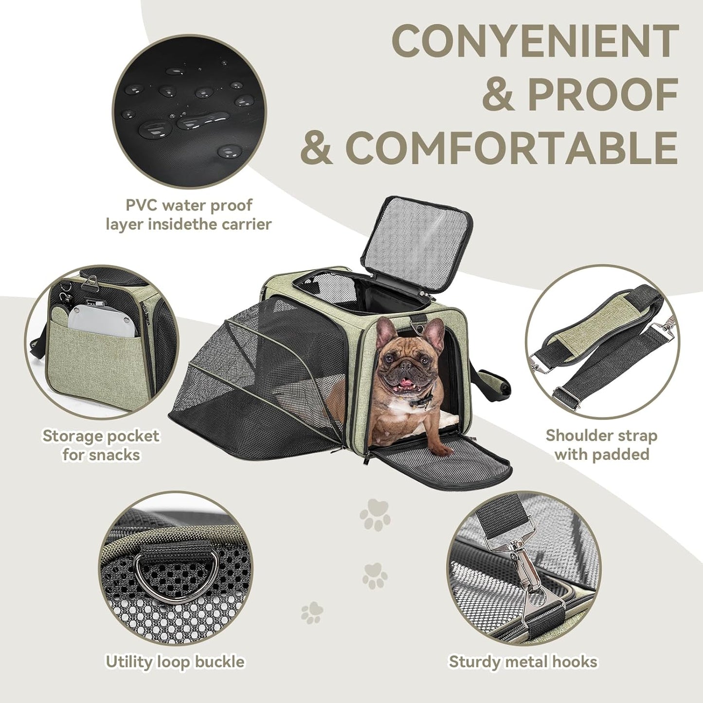 Petsfit Expandable Cat Dog Carrier Airline Approved, 17" L x 11" W x 11" H Soft-Sided Portable Pet Travel Carrier for Kitten, Puppy, Removable Soft Plush Mat and Pockets, Auto-Locking Zippers