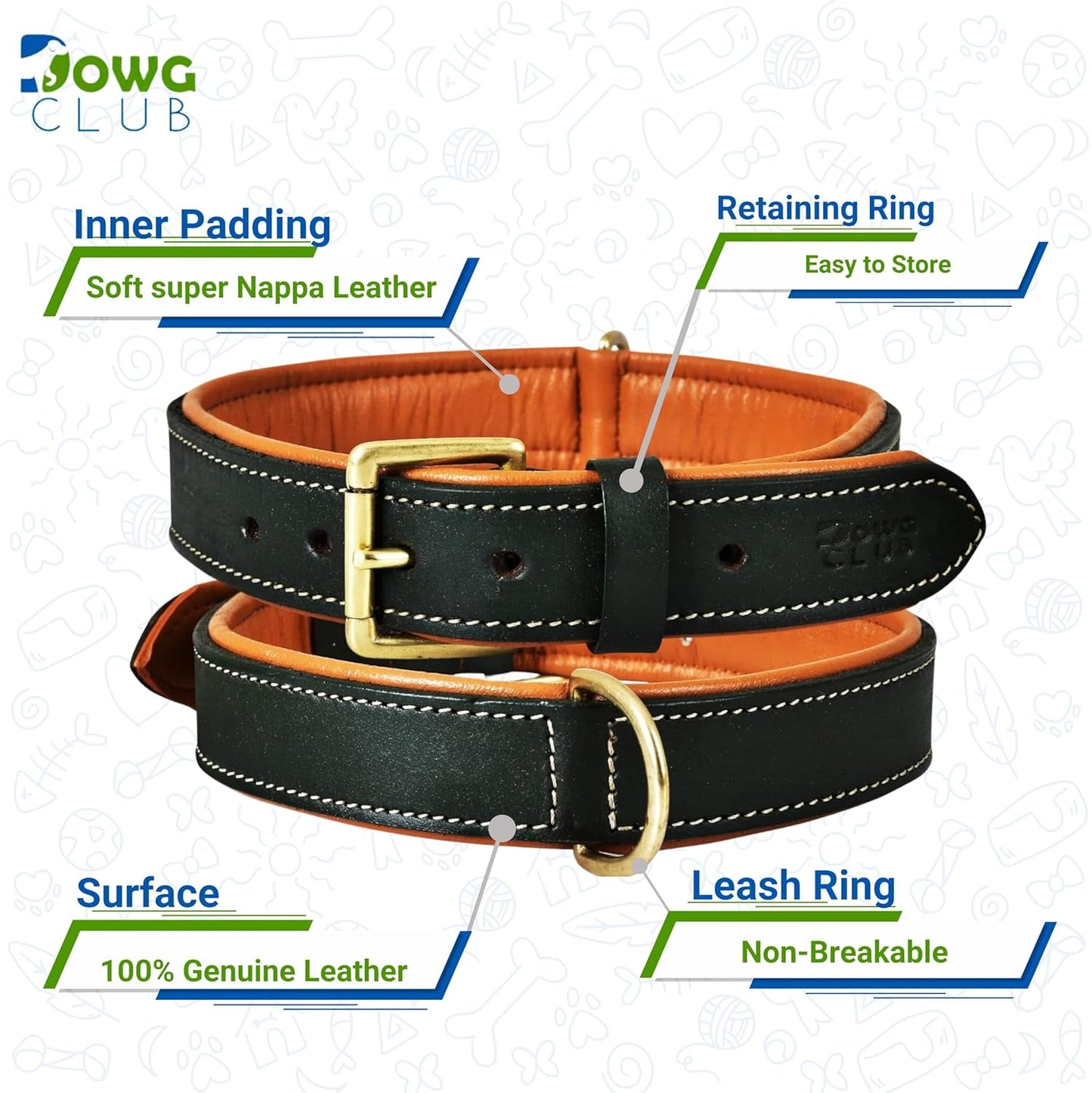 DowgClub | Genuine Leather Dog Collar | Full Grain, Heavy Duty | Comfortable, Strong | Best for Pups, Small, Medium & Large Breeds | Pink, Brown, Black, Tan