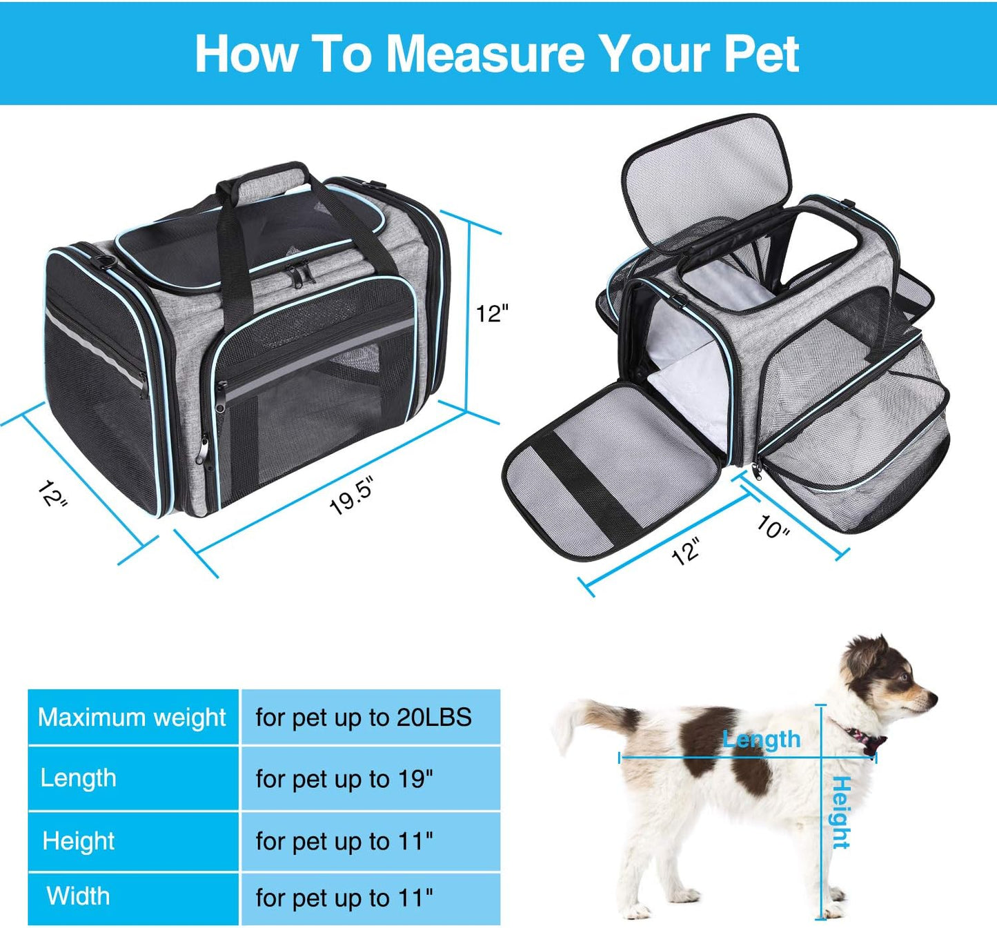 MASKEYON Airline Approved Portable Pet Carrier 2 Sides Expandable Soft-Sided Large Cats Carrier Collapsible Kennel Travel TSA Carrier 4 Doors with Removable Pads and 3 Pockets for Puppy Small Dogs