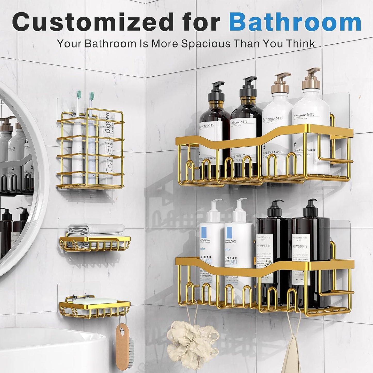 EUDELE 5-Pack Rustproof Stainless Steel Shower Caddy – No Drill Adhesive Bathroom Organizer with Large Capacity, Spacious Shower Shelves for Inside Shower, Kitchen & Home Decor Storage - PuriLite