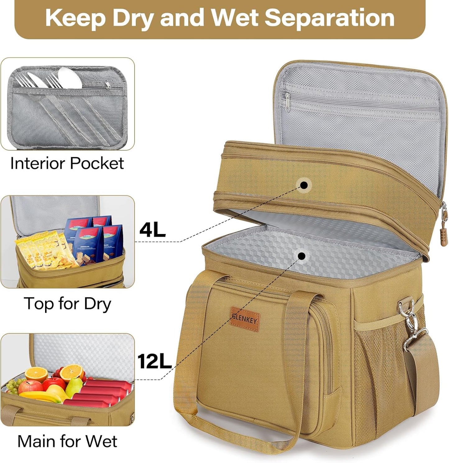 Expandable Large Lunch Bag, Double Deck Insulated Lunch Box Leakproof Durable Soft Cooler Bag for Men Women Adults Work Construction Beach Picnic Daytrip,16L,Black, GLENKEY