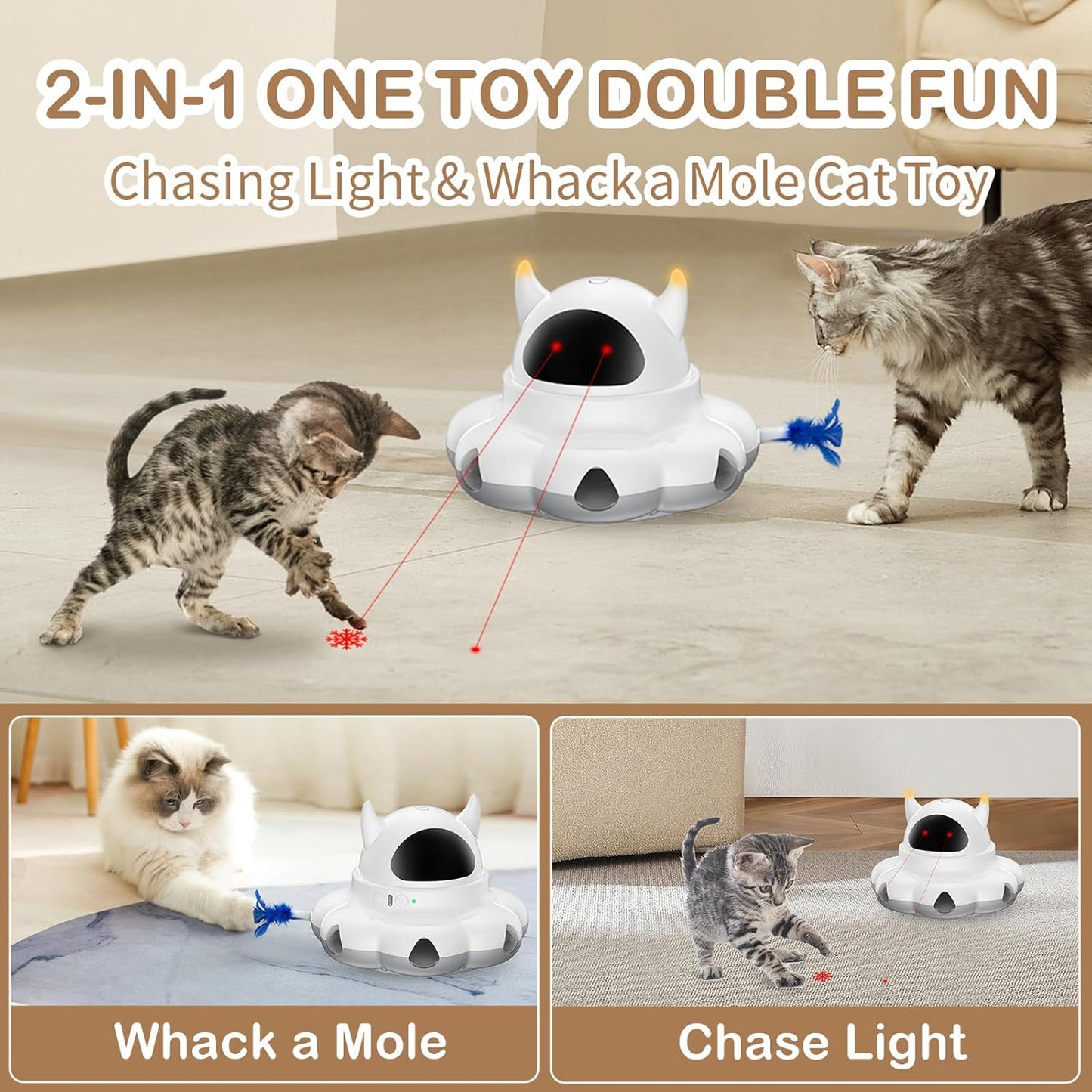 Cosicosy 2-in-1 Interactive Cat Toys for Indoor Cats, Automatic Cat Toy with 8 Holes Mice Whack A Mole Moving Feather, Smart Cat Toy (White)
