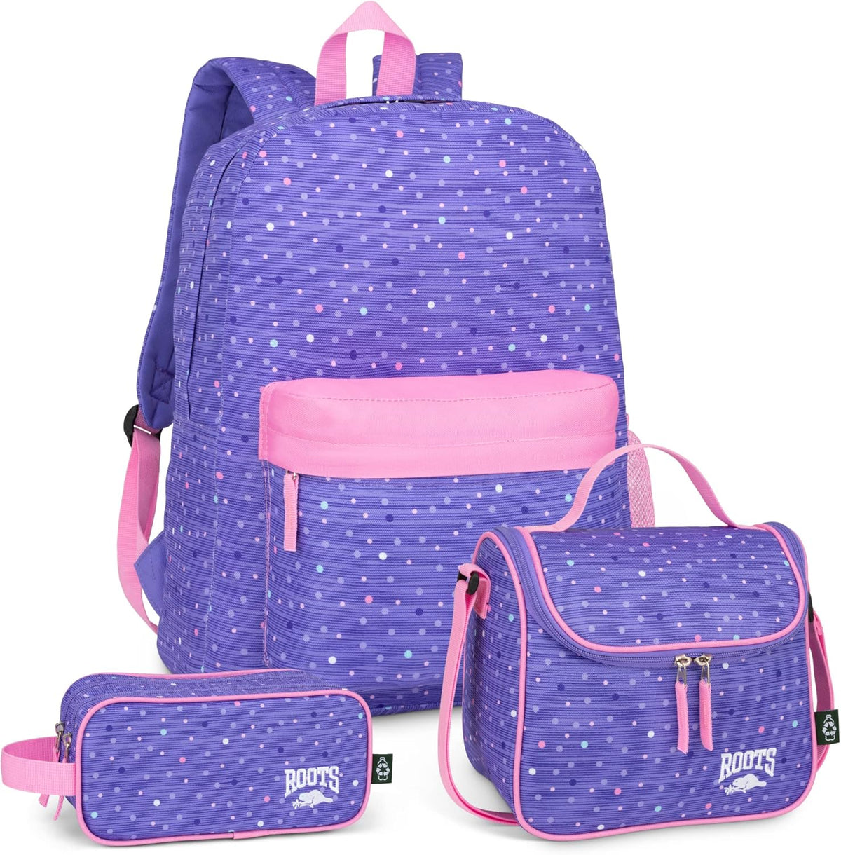 Roots Essential 3-in-1 Matching Water Resistant Kids Backpack and Lunch Bag Set with Bonus Pencil Case - Made From 100% Recycled Fabrics - 22.5 litres, Purple Pink Polka Dot - PuriLite