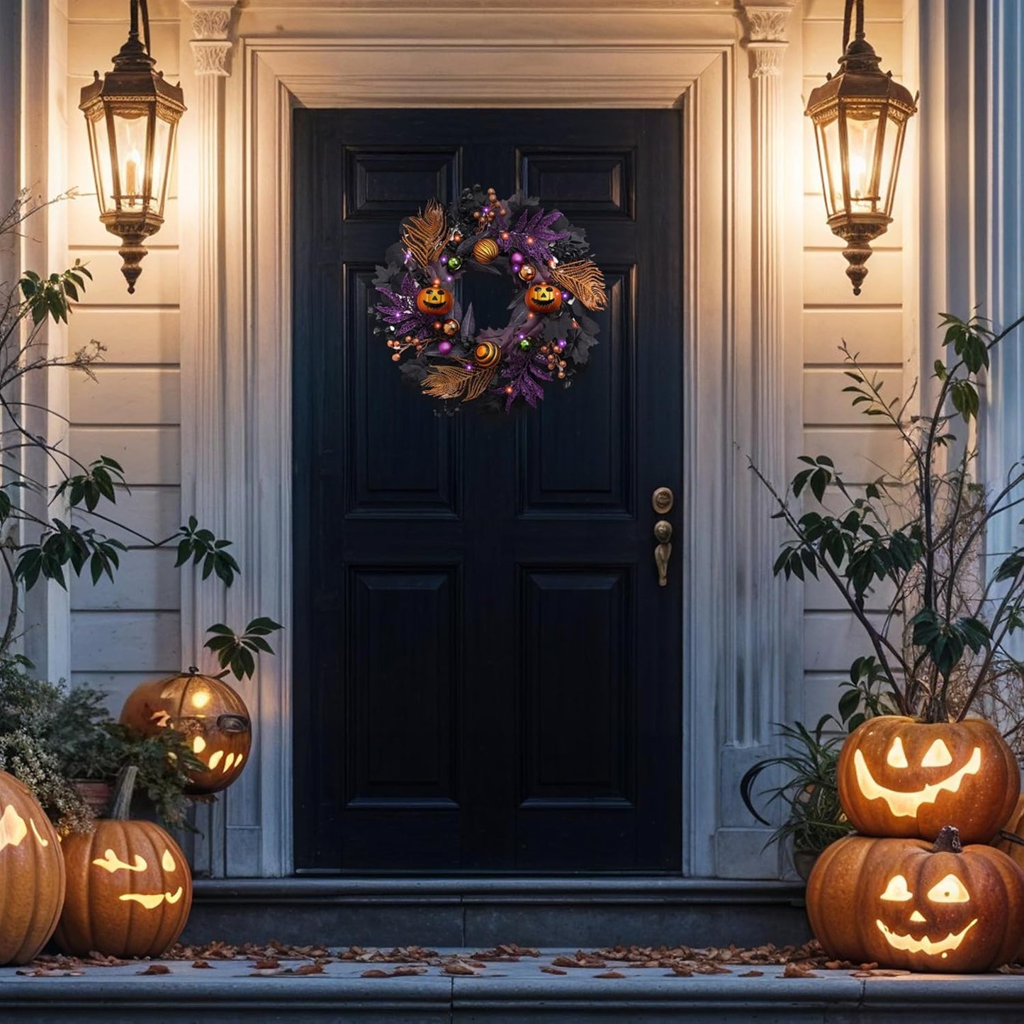 Valery Madelyn Halloween Wreath for Front Door with Lights, 18inch Pre-Lit Jack-o'-Lantern Pumpkin Wreath Halloween Decorations for Centerpiece Window Indoor Party Holiday Wall Home Decor