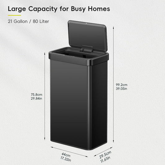 EKO Nova Sensor Trash Can, 21 Gallon/80 Liter Stainless Steel Rectangular Touchless Motion Sensor Trash Can, Matte Black