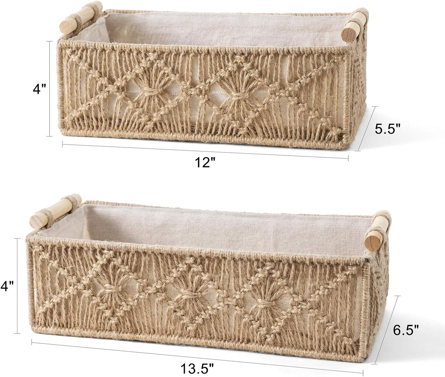 Mkono Macrame Storage Baskets Boho Decor Box Handmade Woven Decorative Countertop Toilet Tank Shelf Cabinet Organizer for Bedroom Livingroom Home, Set of 2, Ivory