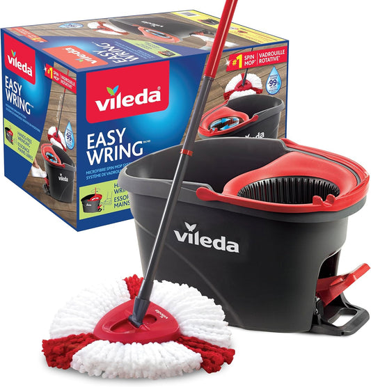 Vileda EasyWring Spin Mop & Bucket Floor Cleaning System with Power Mop Head | Hands-Free Wringing Mop Bucket | Extendable Handle | Safe on All Floor Types| Mop Refill Removes Tough Dirt and Grime - PuriLite