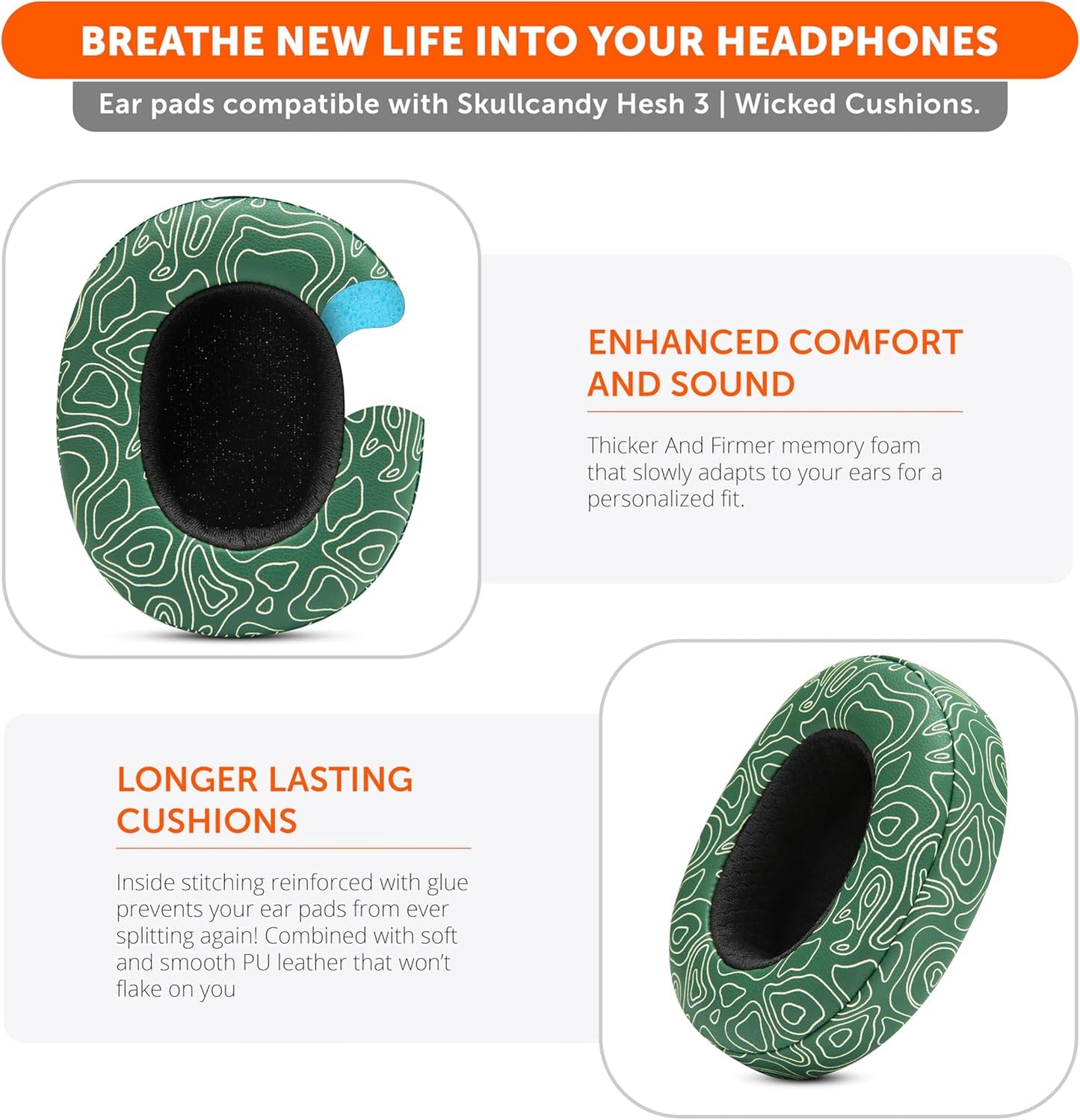 WC Replacement Earpad Cushions for Skullcandy Hesh 3 & Crusher Over-Ear Headphones Made by Wicked Cushions | Improved Durability and Thickness for Improved Comfort and Noise Isolation | 90's Black