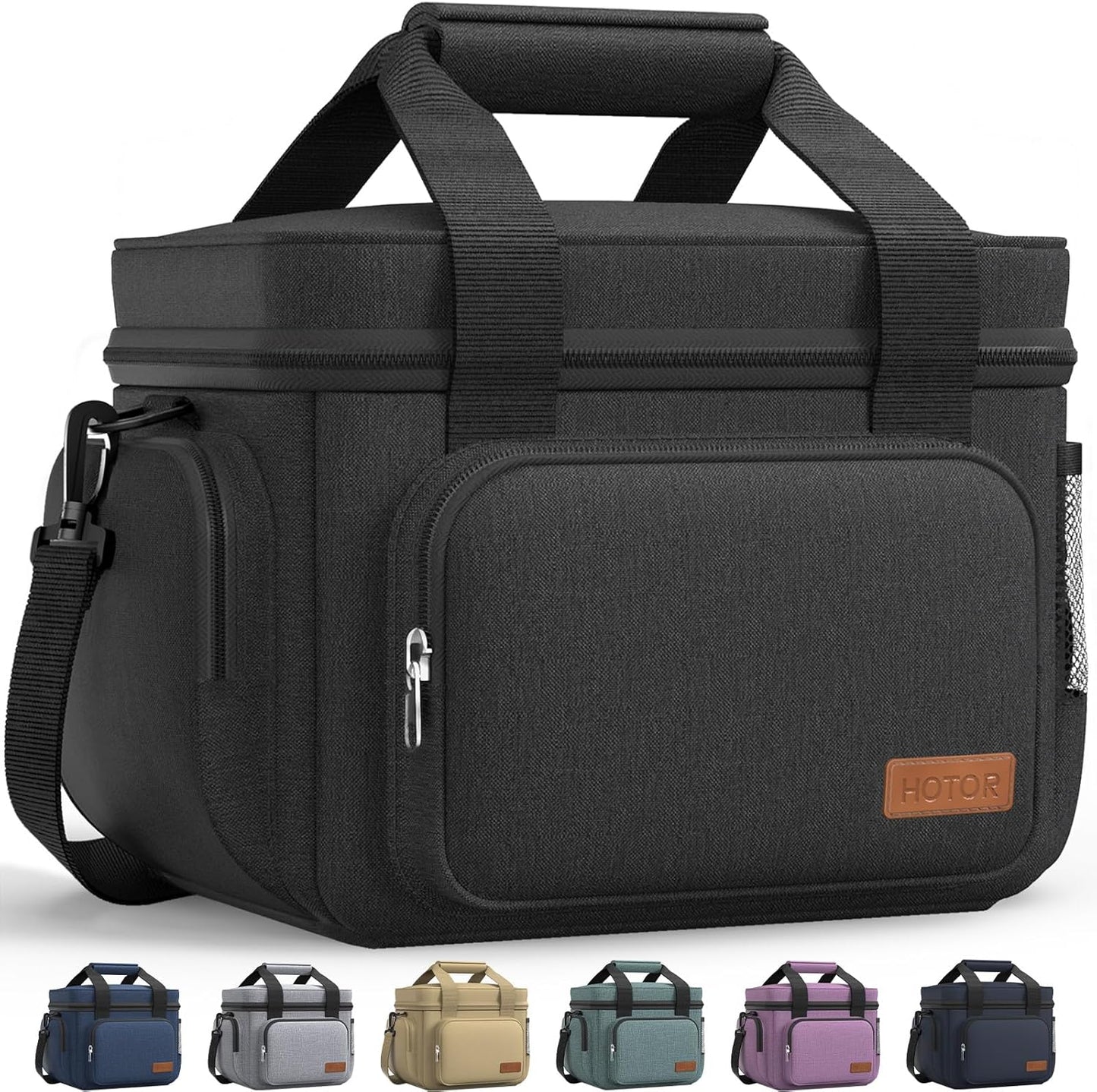 HOTOR Lunch Box for Men and Women - Leak-Proof Insulated Lunch Bag with Adjustable Shoulder Strap, Cooler Lunch Bag for Office, Picnic, Hiking, Beach, 1 Layer, Black, 11.0" x 7.1" x 8.3"
