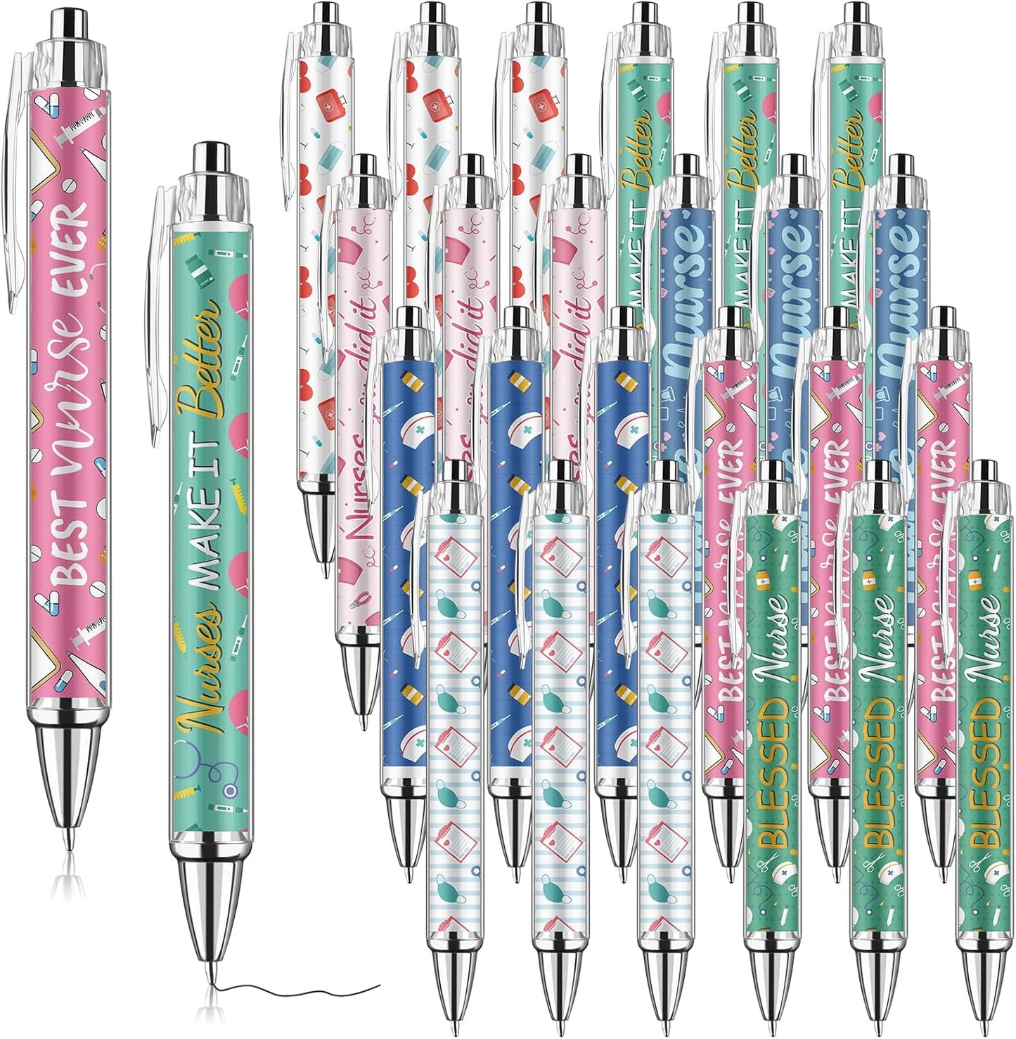 24 Pcs Nurse Pens Bulk Nurses Week Gift Funny Lovely Cartoon Ballpoint Black Ink Retractable Nursing Pen Nurse Day Gifts Party Favors Appreciation Gift for Women Men Doctor Teachers Medical Assistants
