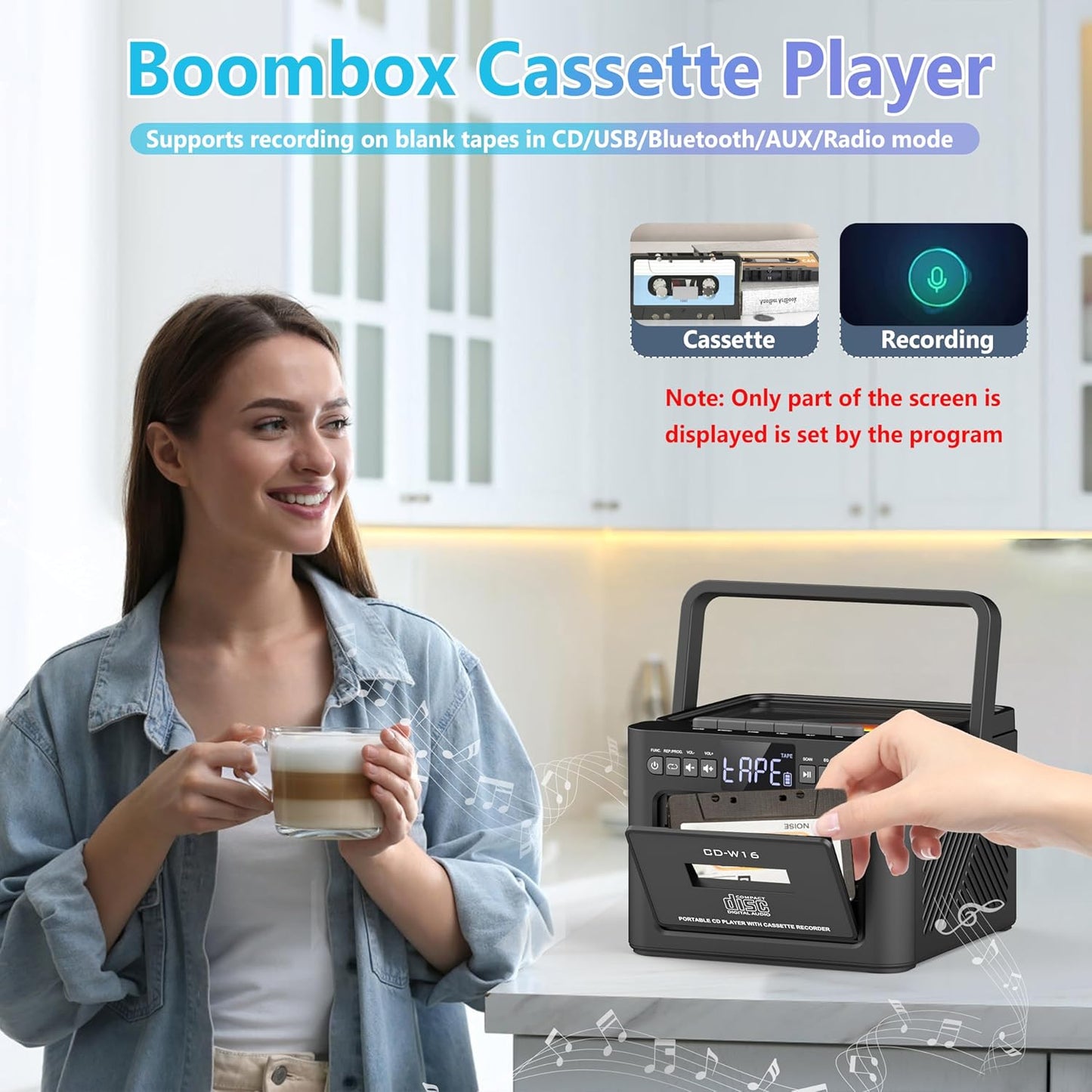 Greadio CD Player Portable, Boombox with CD Cassette Player, 5000mAh Rechargeable Battery Boom Box with Remote Control, Bluetooth 5.1, FM Radio, AUX/USB/SD Card-in, 5W Speaker, LED Screen, Black