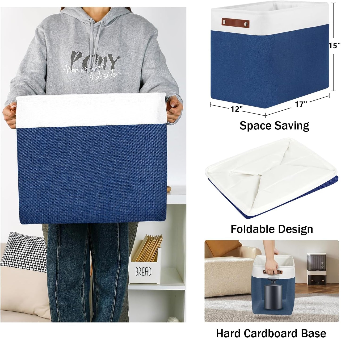 DULLEMELO Storage Baskets for Shelves, Fabric Collapsible Rectangular Storage Bins for Shelves, Closets, Nursery, Home, Office, Empty Gift Baskets (White&Teal)