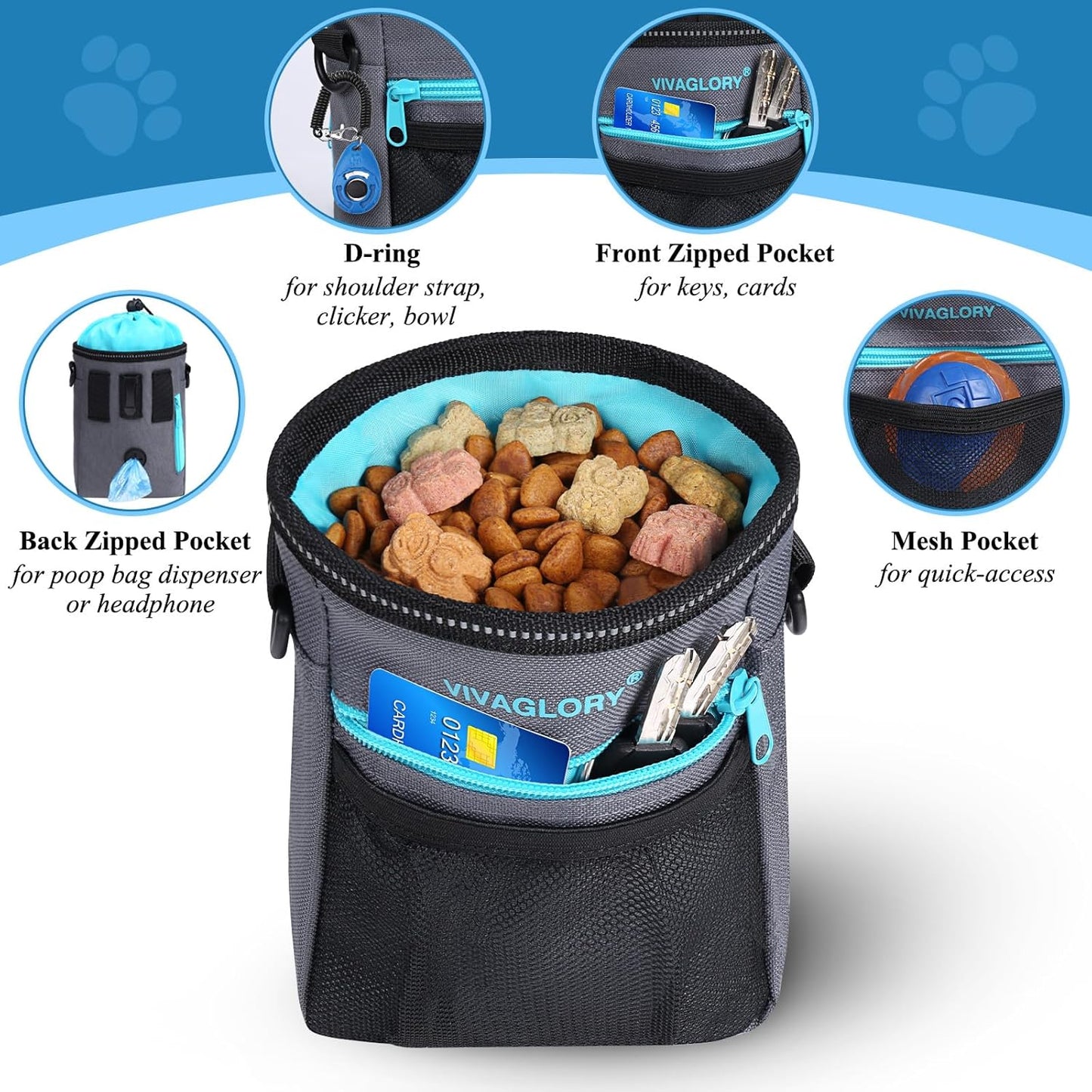 VIVAGLORY Dog Training Treat Pouch, 4Ways to Wear Dog Treat Bags, Built in Dog Waste Bag Dispenser Treats Training Bags with Reflective Adjustable Shoulder Strap, Heather Blue
