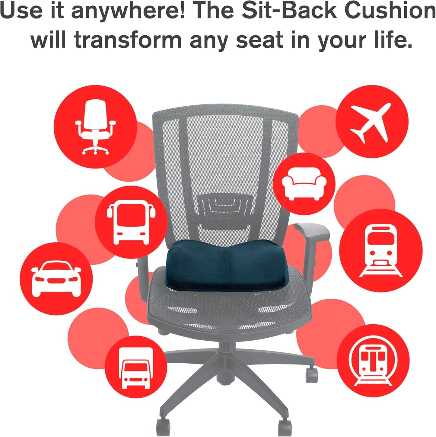 ObusForme Sit-Back Cushion – Seat Cushion and Posture Support, Contoured Ergonomic Design for Soothing Relief, Memory Foam Lumbar Support Pillow for Office Chairs and More
