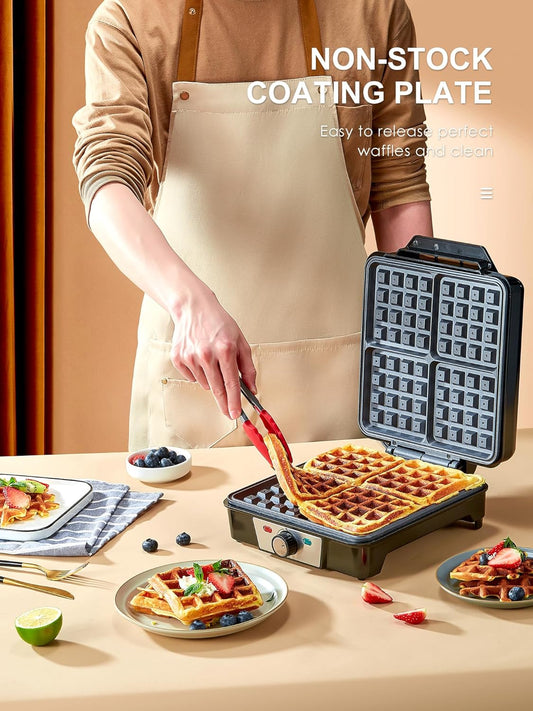 Belgian Waffle Maker 4 Slices, 1200W Waffle Iron, Anti-Overflow Waffle Iron with Browning Knob, Nonstick Plates, Indicator Lights, Silver/Black - PuriLite