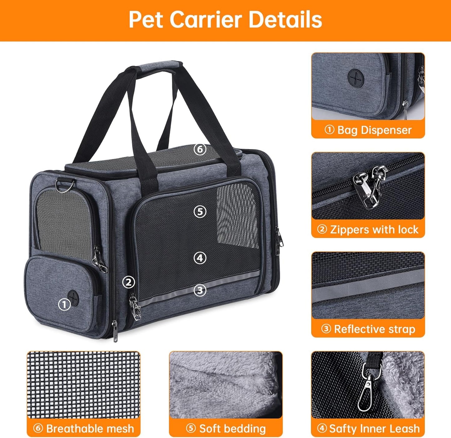 Cat Carrier Pet Travel Carrier by Airplane Approved Under seat, TSA Airline Approved Soft-Sided Carrier Bag for cat,Dogs,17.5 x 8.5 x 11 inches,Grey