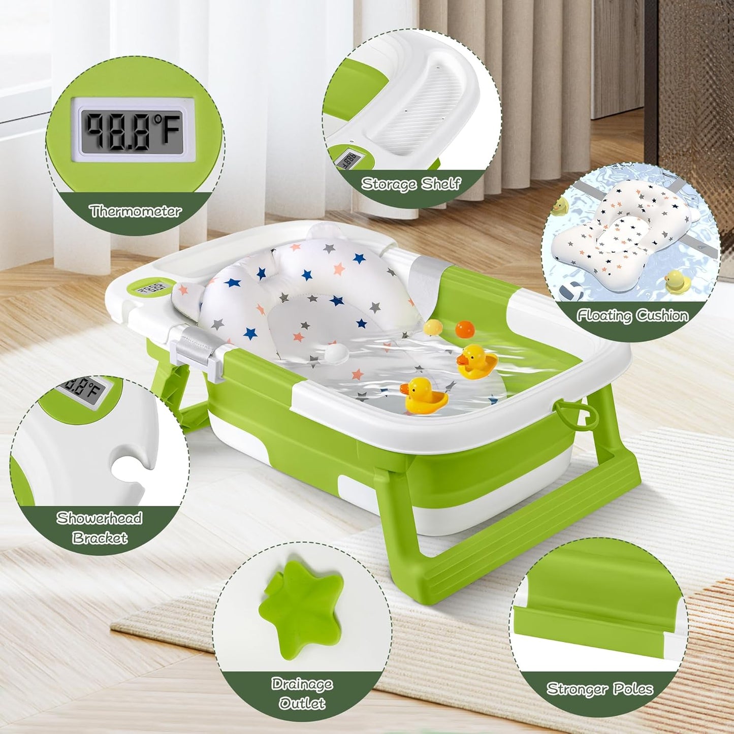 Collapsible Baby Bathtub,Baby Bath Tub with Thermometer & Soft Cushion,Baby Bathtub for Newborn to Toddler 0-36 Months,Portable Travel Baby Tub with No-Slip Feet,Baby Shower Gifts,Lavender