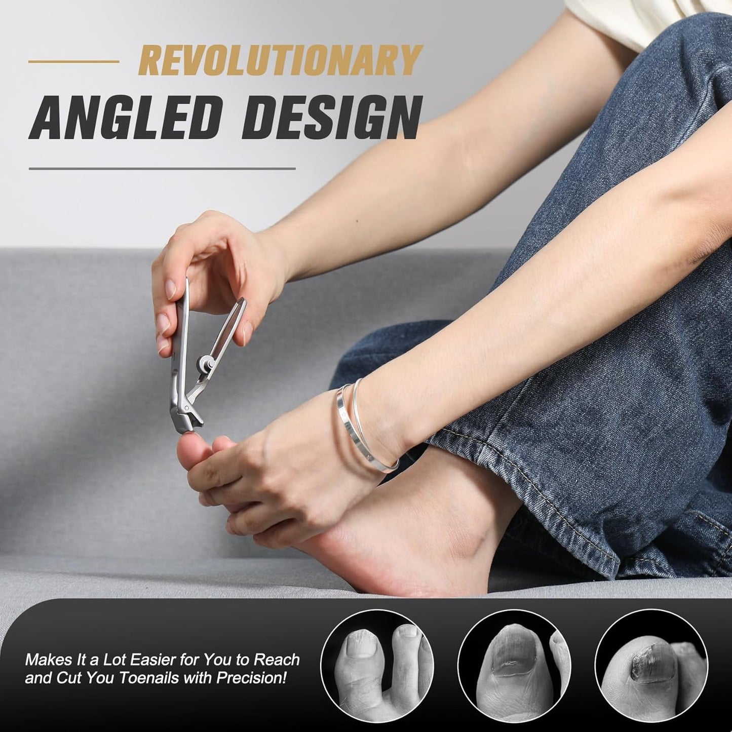 FERYES Angled Head Long Handled Toenail Clipper for Seniors - Large Wide Jaw Nail Clipper with Catcher for Thick Nails - Easier Trimming, Ergonomic Design (Black)