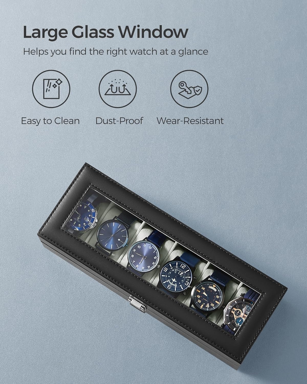 SONGMICS Watch Box, 6-Slot Watch Case, Watch Box Organizer, Black Synthetic Leather, Greenish Gray Lining UJWB06BK
