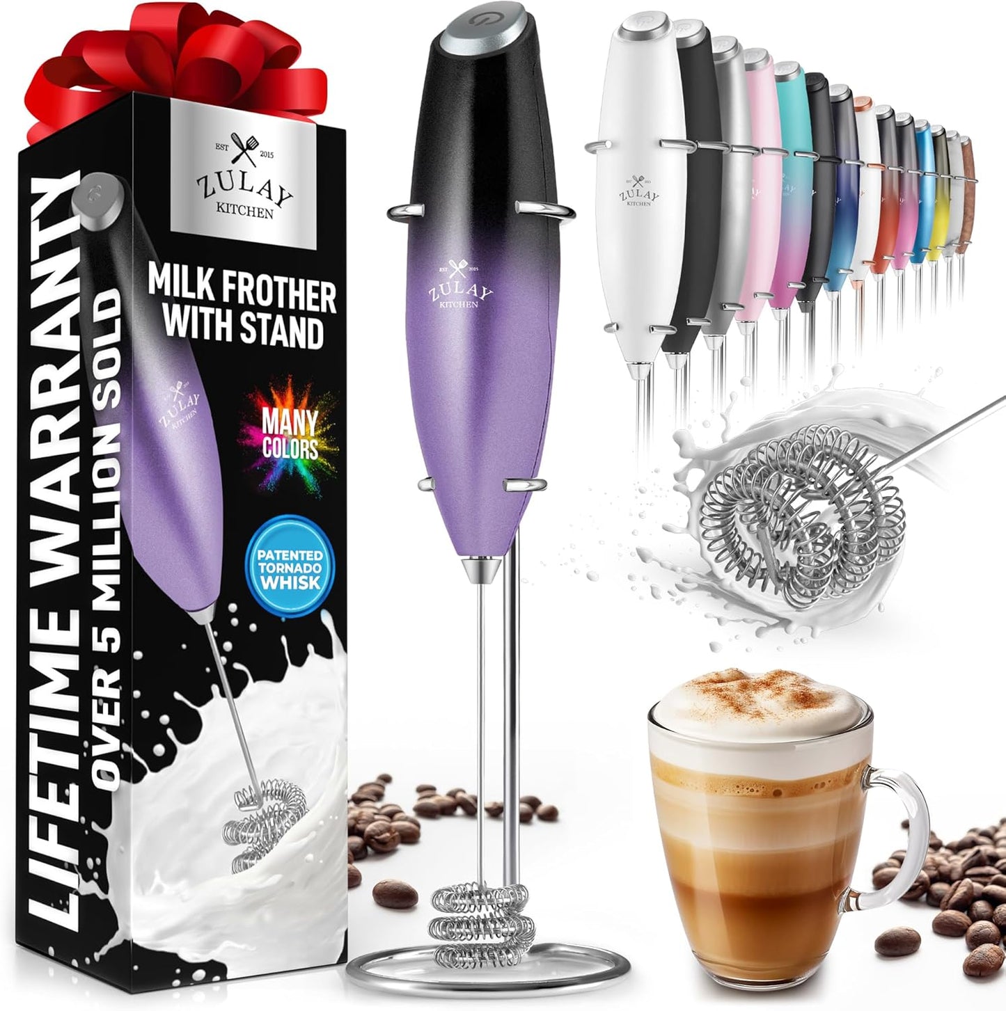 Zulay Kitchen Powerful Double Whisk Milk Frother Handheld - Foam Maker with Stand - Whisk Drink Mixer for Coffee, Mini Foamer for Latte, Matcha, Frappe, Hot Chocolate & Cappuccino (Black)