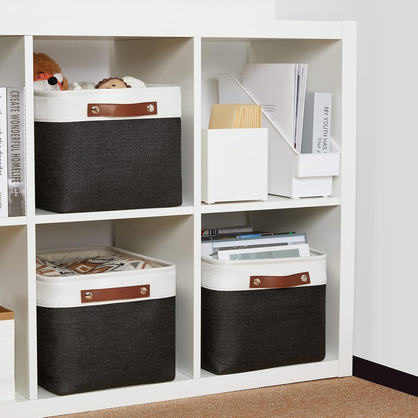 DULLEMELO Storage Baskets for Shelves, Fabric Collapsible Rectangular Storage Bins for Shelves, Closets, Nursery, Home, Office, Empty Gift Baskets (White&Teal)