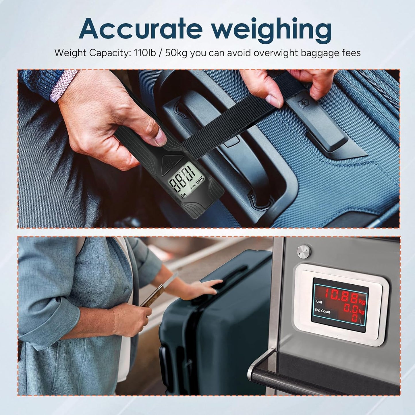 travel inspira Luggage Scale Battery-Free, Travel Essentials, Portable Handheld Digital Suitcase Weight Scale for for Travel Accessories, 110lbs/50kg (Gray)
