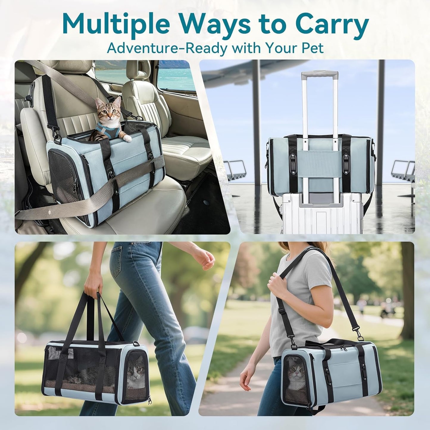 Petsfit Pet Carrier Airline Approved, Soft-Sided Cat Carrier with Patented Car Buckle, Lightweight and Collapsible with Adjustable Shoulder Strap, Soft Cushion,Green