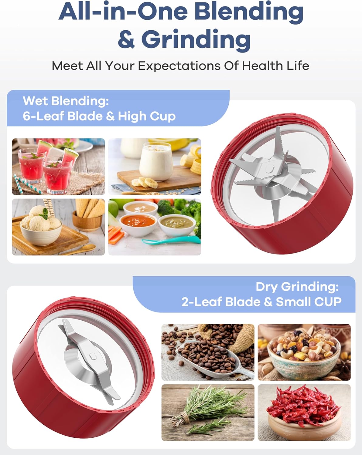 Smoothie Blender, Ganiza Blenders for Smoothies with 15-Piece Blender and Grinder Combo, 4 BPA-Free Personal Blender Cup, for Shakes, Protein Drinks, Fruit Vegetable Drink, Nuts, Spices, Coffee Beans