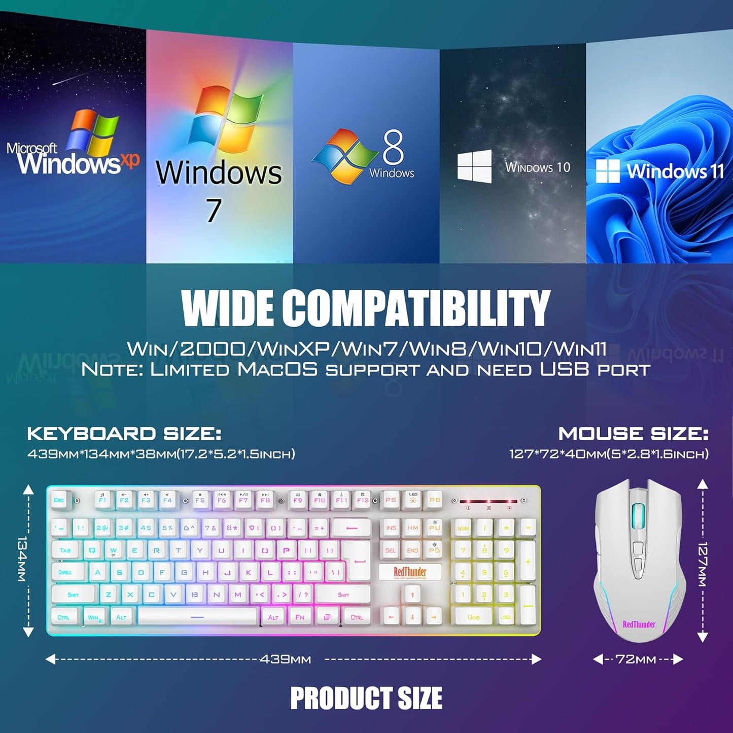 RedThunder K10 Wireless Gaming Keyboard and Mouse Combo, LED Backlit Rechargeable 3800mAh Battery, Mechanical Feel Anti-ghosting Keyboard + 7D 3200DPI Mice for PC Gamer (Black)