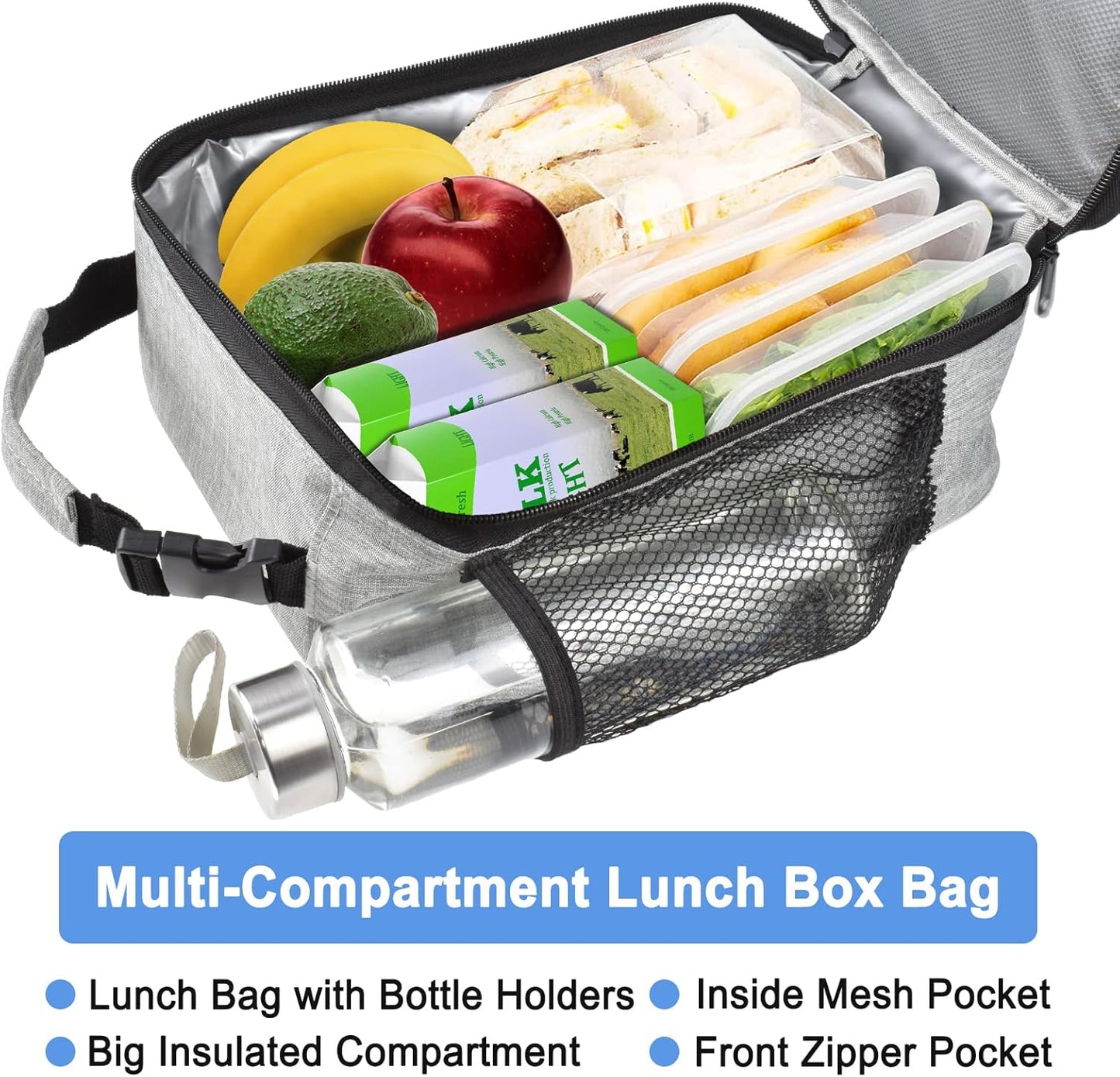 Insulated Lunch Bag, Leakproof Portable Lunch Box for Women Men Boys Girls, Large Capacity Cooler Bag with Handle and Bottle Pocket for Office School Camping Hiking Outdoor Beach Picnic (Black)