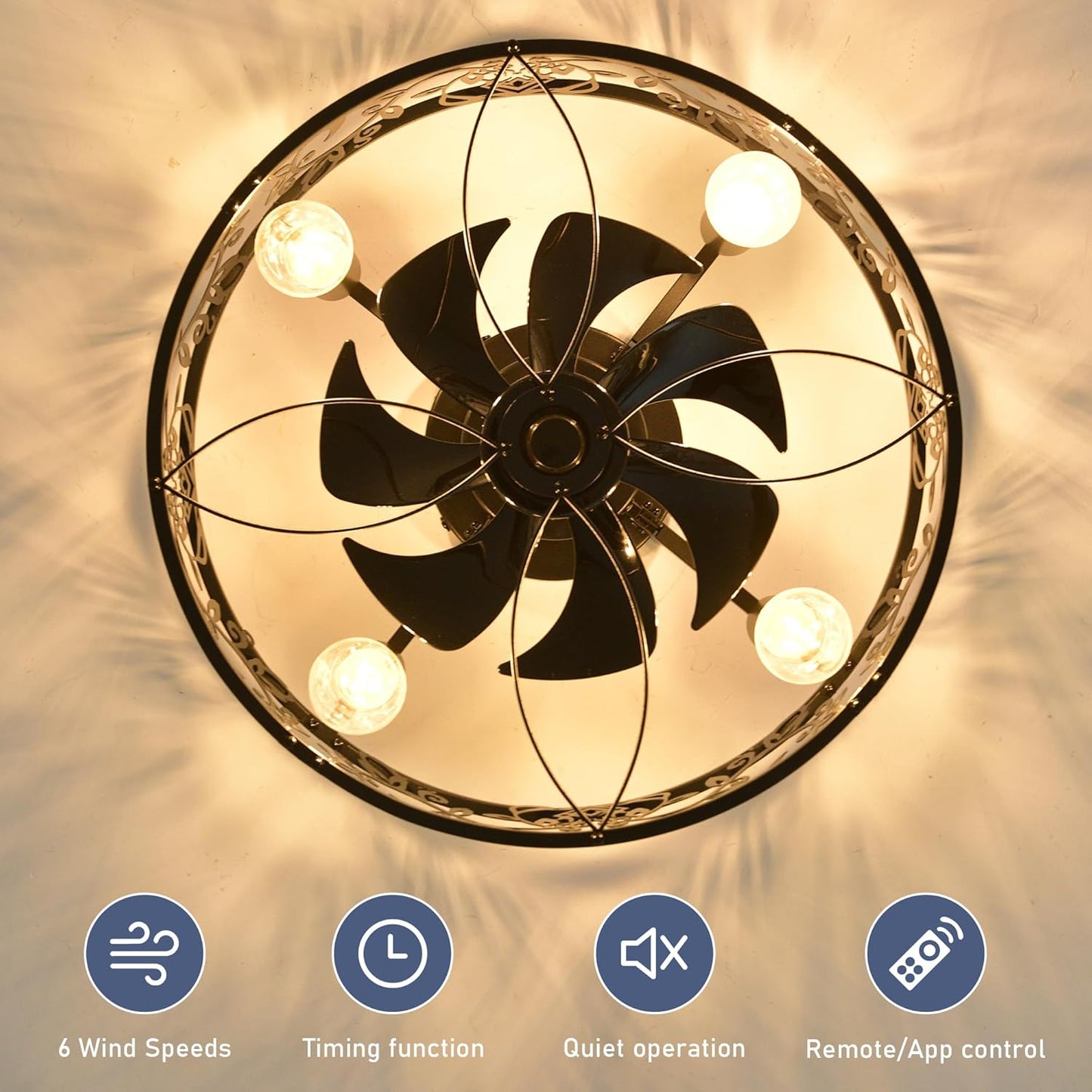 Garwarm Caged Low Profile Ceiling Fan with Lights and Remote, 20in Rustic Flush Mount Small Farmhouse Bladeless Ceiling Fan for Bedroom, Kitchen, Dining Room