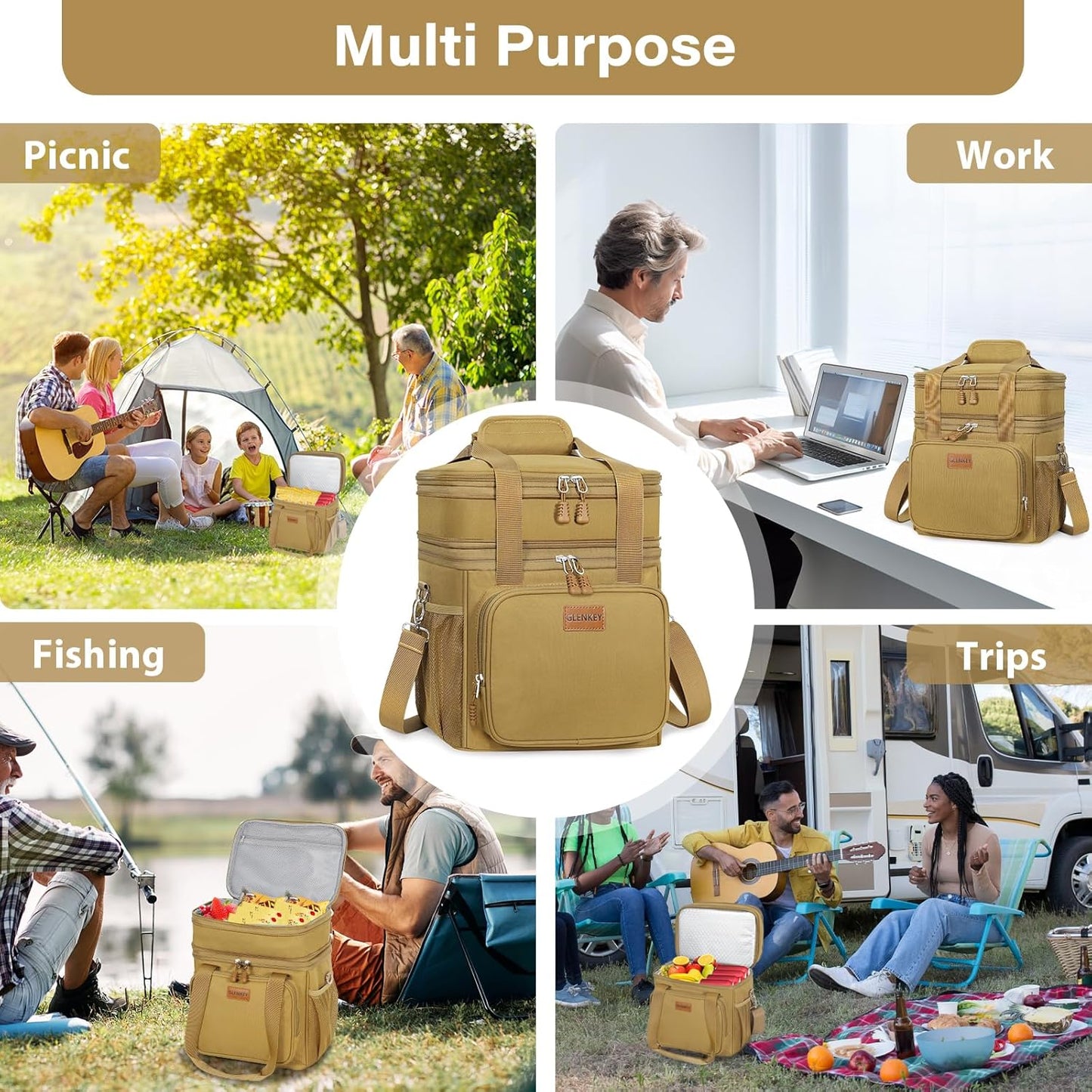Expandable Large Lunch Bag, Double Deck Insulated Lunch Box Leakproof Durable Soft Cooler Bag for Men Women Adults Work Construction Beach Picnic Daytrip,16L,Black, GLENKEY