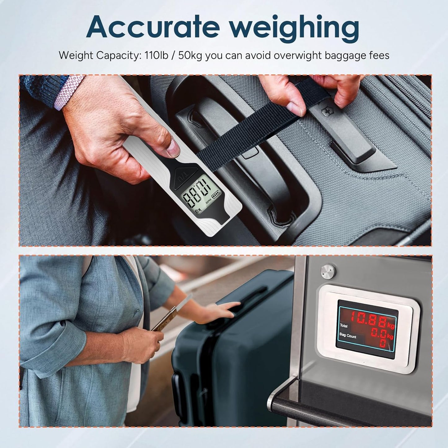 travel inspira Luggage Scale Battery-Free, Travel Essentials, Portable Handheld Digital Suitcase Weight Scale for for Travel Accessories, 110lbs/50kg (Gray)