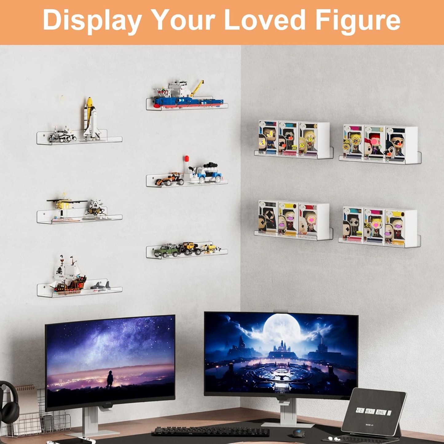 upsimples Clear Acrylic Shelves for Storage, 15" Floating Shelves Wall Mounted for Kids Bookshelf/Display Ledge for Bedroom, Living Room, Bathroom, Kitchen, Set of 4