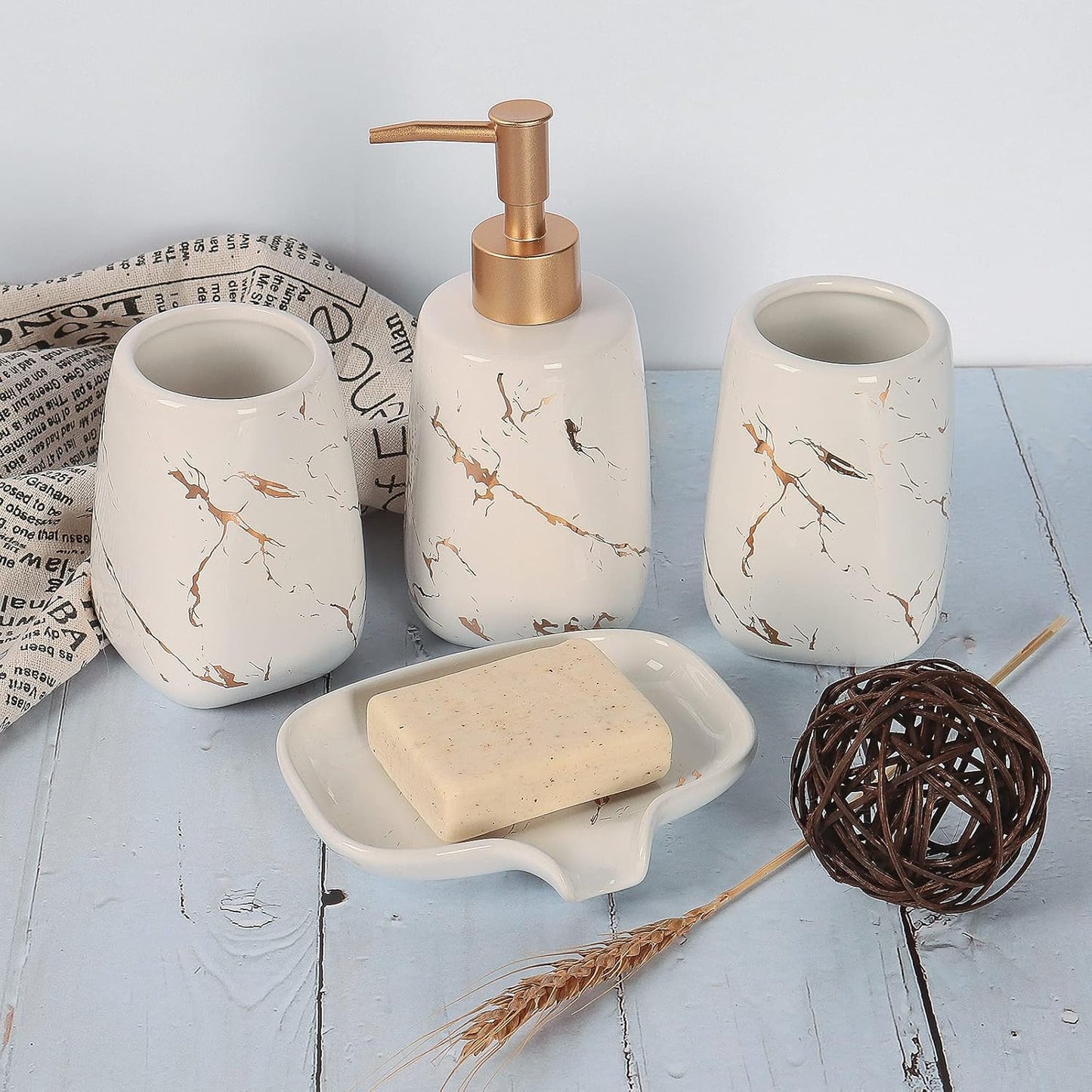 Qulable White Bathroom Accessories Set Complete, 4 Pcs Ceramic Bathroom Decorations Accessories Sets Includes Lotion Dispenser, 2 Tumblers and Soap Dish for Bath Decor, Countertop Vanity Organize