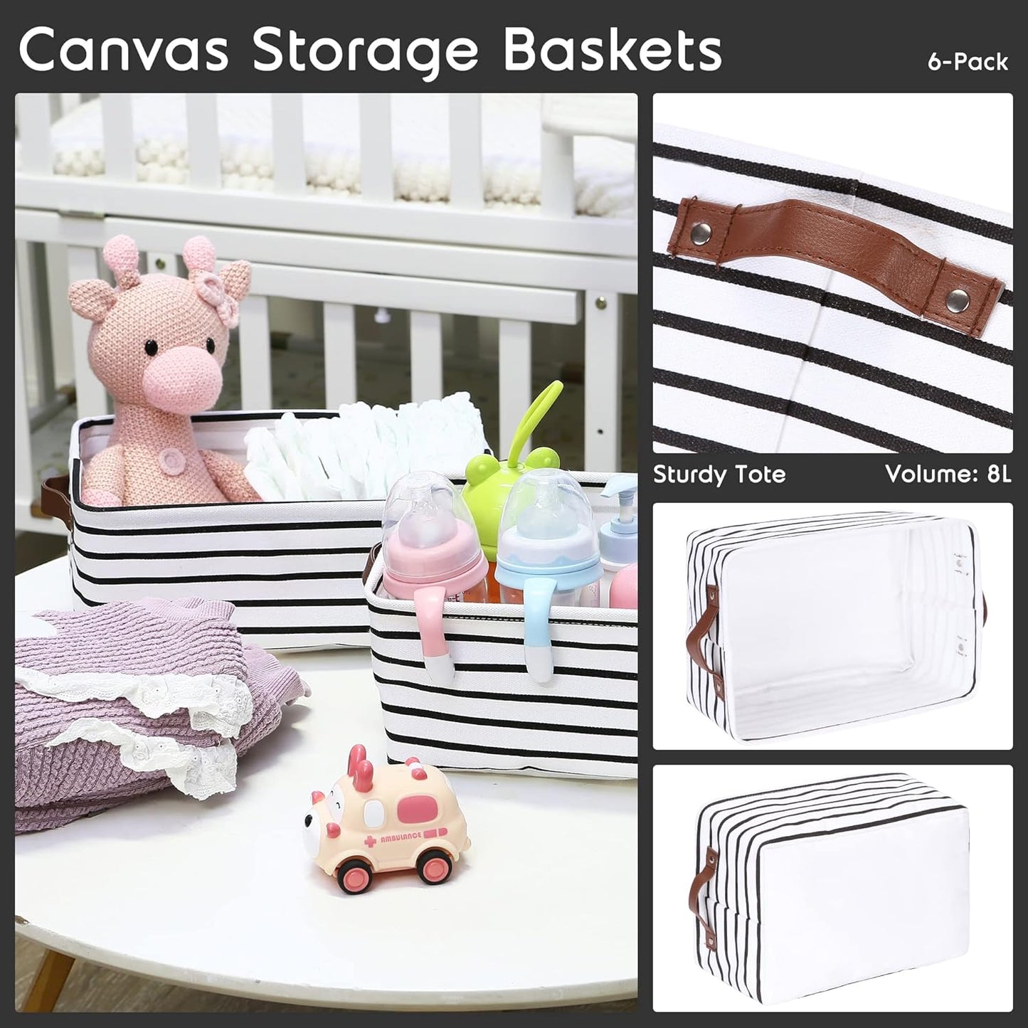 Hinwo 6-Pack Small Canvas Fabric Storage Baskets Set with Handles, Open Storage Bins, Cube Storage Organizer, Shelf Organizer Bins for Closet, 7.9L, 12 x 8 x 5 Inches, Grey Stripe