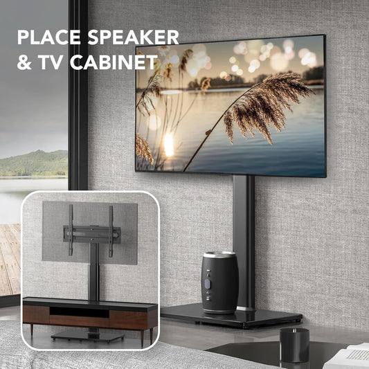 Universal Floor TV Stand with Mount 80 Degree Swivel Height Adjustable and Space Saving Design for Most 27 to 65 inch LCD, LED OLED TVs, Perfect for Corner & Bedroom AX1006TB - PuriLite