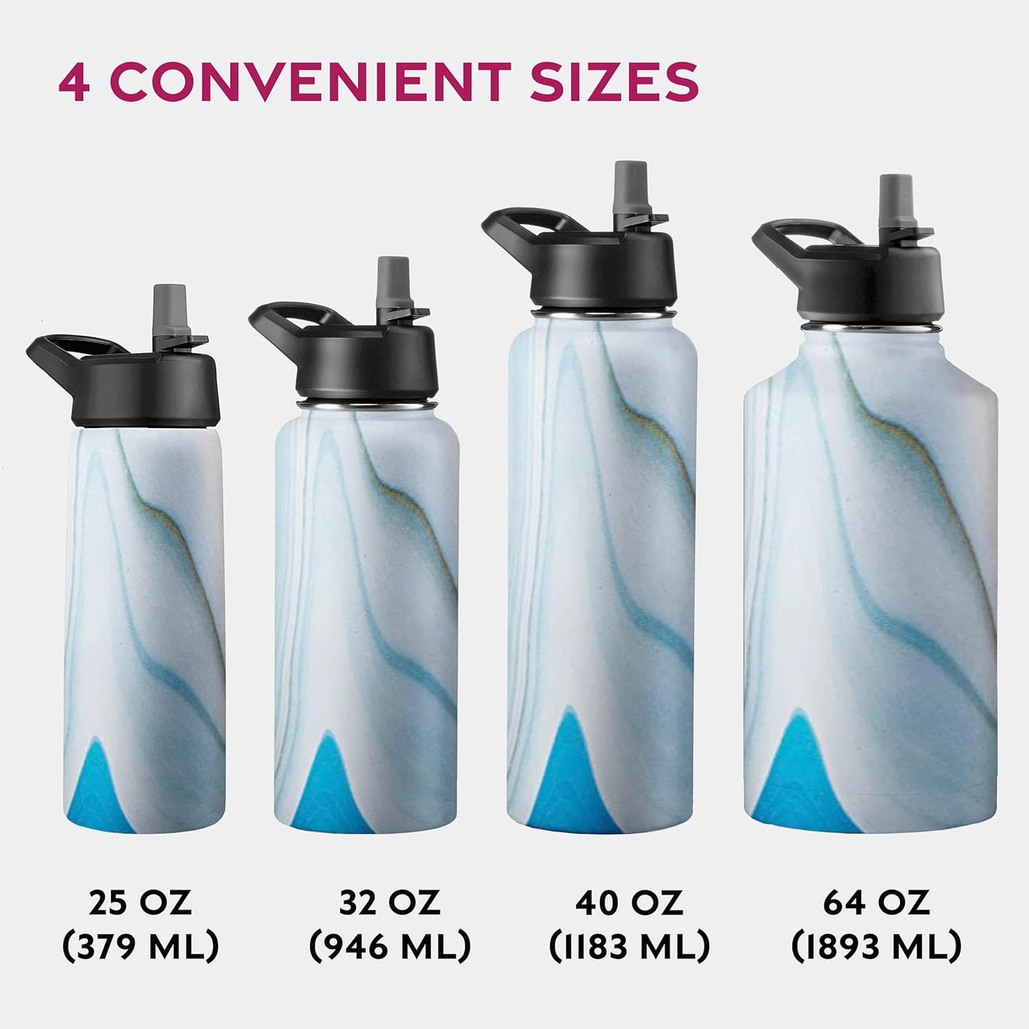 FineDine Water Bottle - Stainless Steel Insulated Water Bottle with Straw Lid, Flip Lid & Wide-Mouth Cap - Keeps Hot and Cold - 25 Oz / 739ml - Pure Pearly White