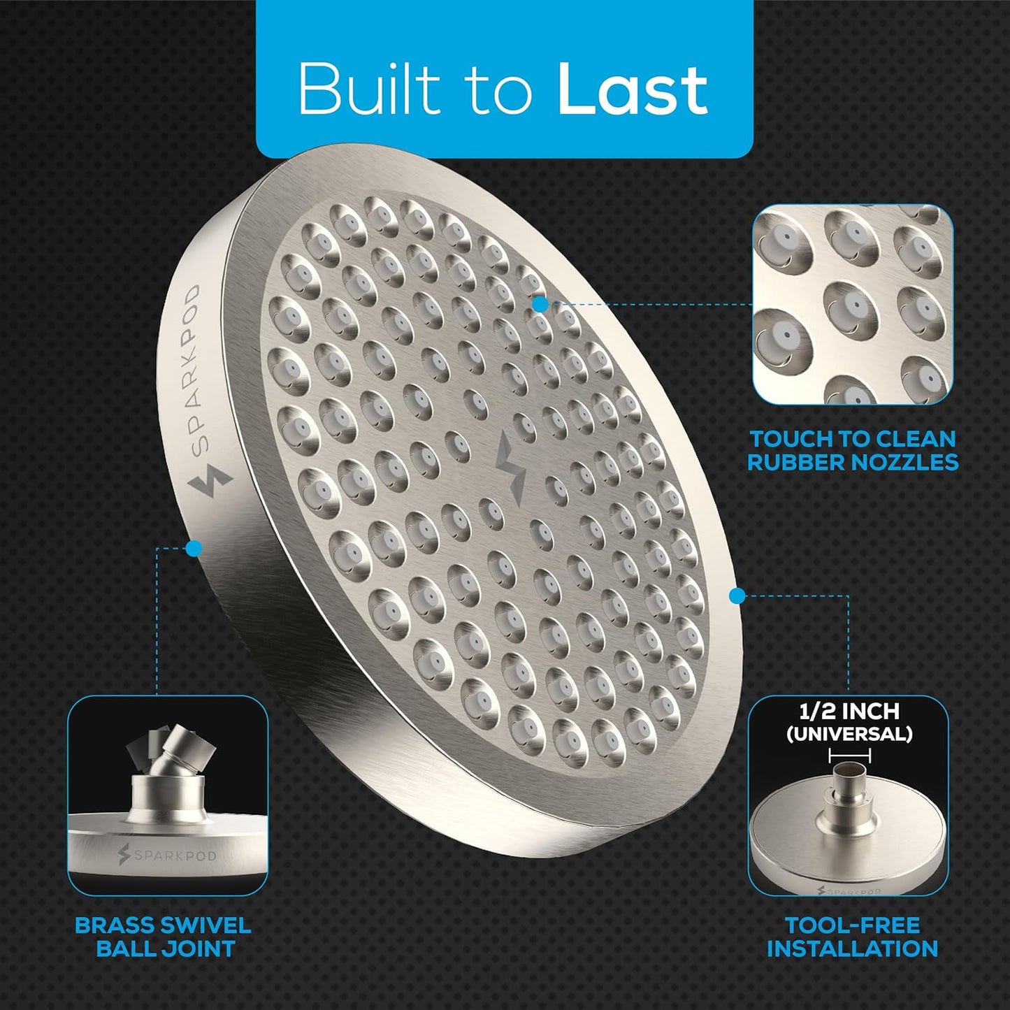 SparkPod Shower Head - High Pressure Rain - Premium Quality Luxury Design - 1-Min Install - Easy Clean Adjustable Replacement for Your Bathroom Shower Heads (Luxury Polished Chrome, 6 Inch Round)