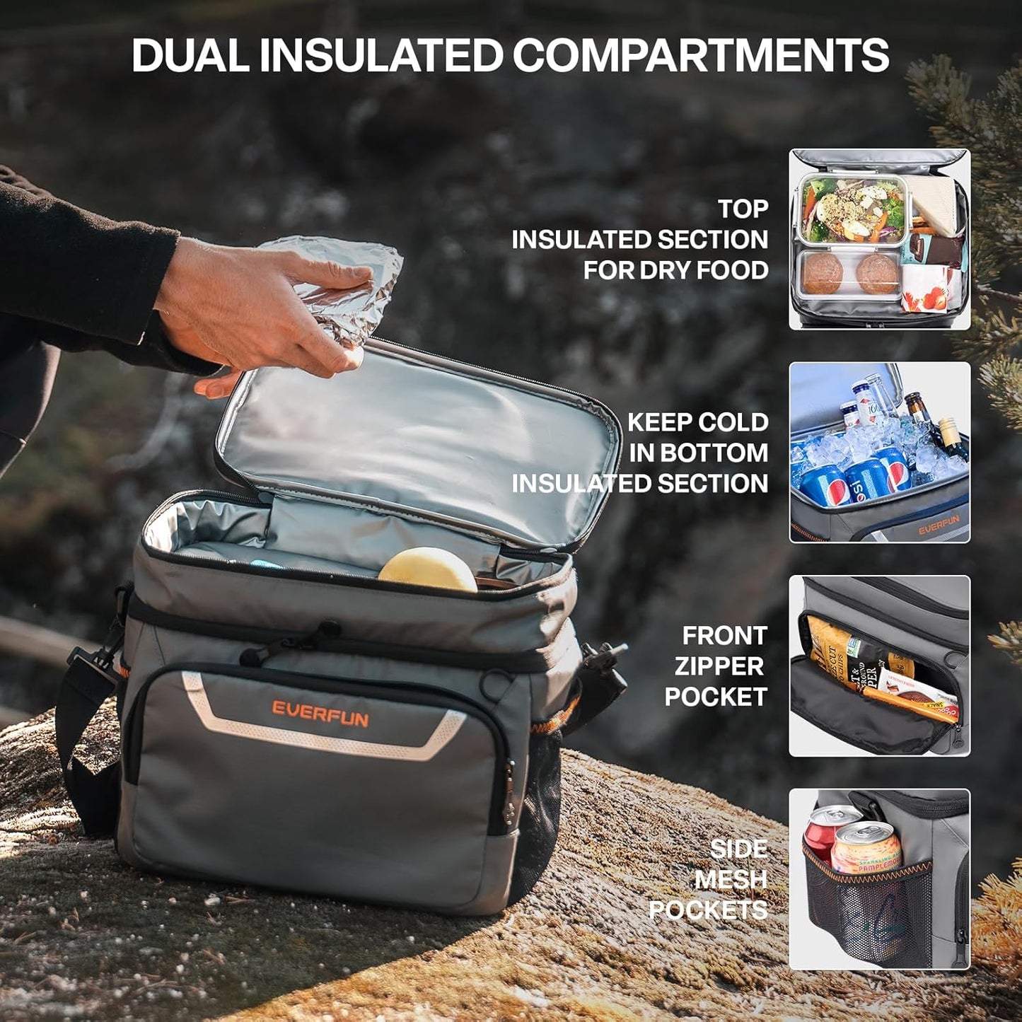 EVERFUN Cooler Bag Insulated Beach Cooler Lunch Bag Box for Men Women Dual Compartments Collapsible Waterproof Leak-Proof for Travel Work Picnic