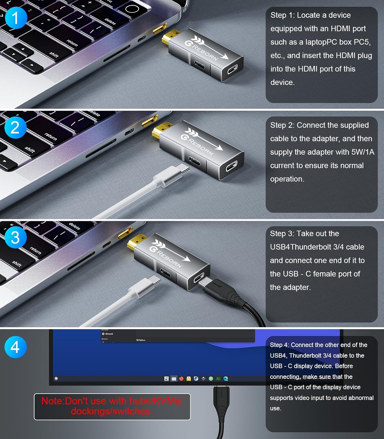 Reborn HDMI to USB C Adapter 4K 60Hz | Uni-Directional HDMI Source to USB-C Display Adapter for AR Glasses XREAL One、Air 2 Pro/VITURE Pro/RayNeo Air 2s/Rokid,PS5,Portable Monitors - 1 Pack