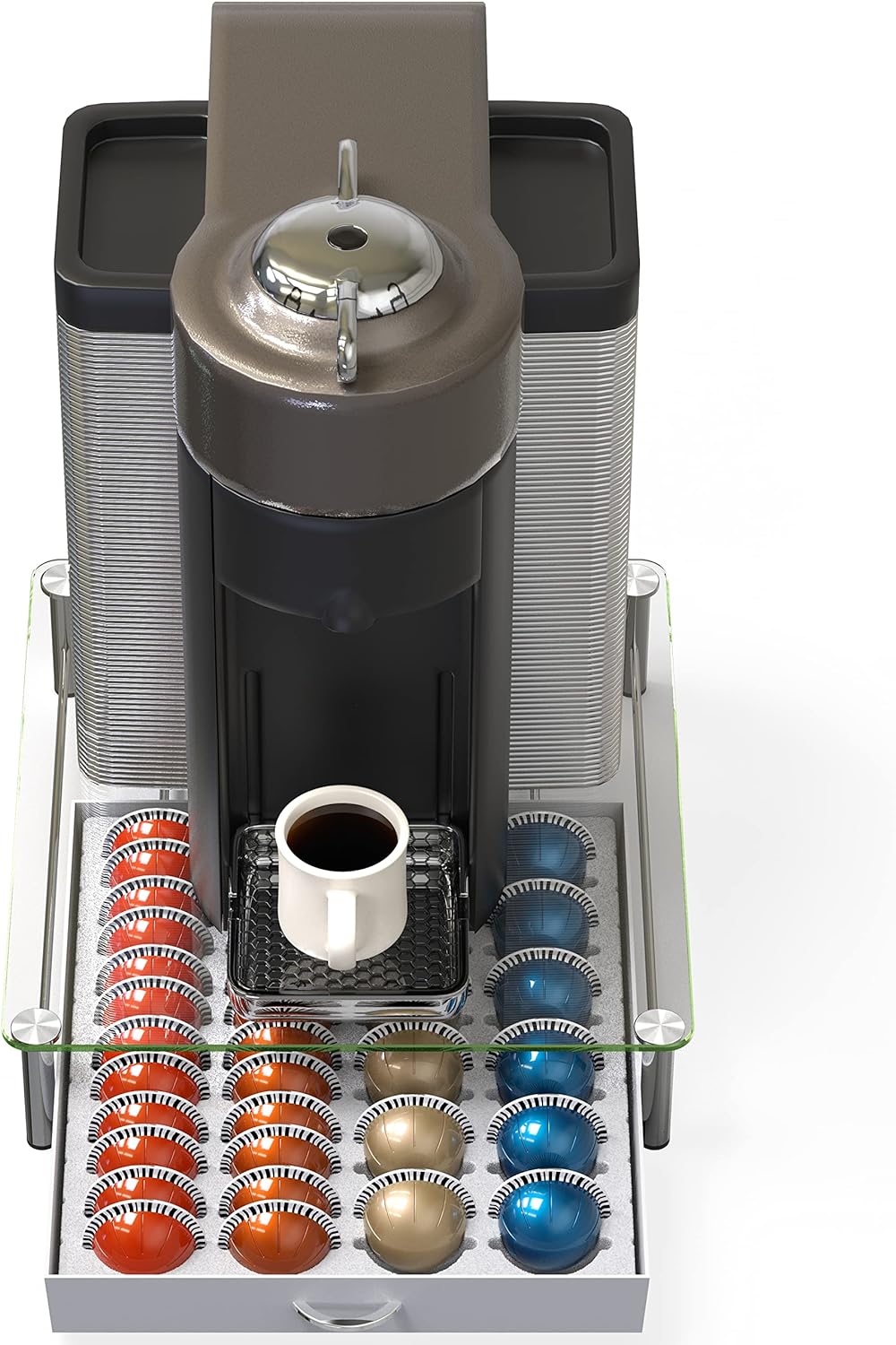 DecoBrothers Vertuo Pod Holder VertuoLine Drawer Storage for Nespresso Coffee Capsules, Crystal Tempered Glass, White