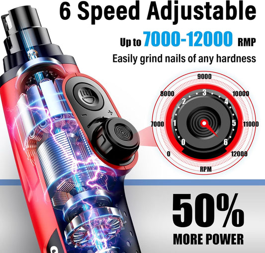 Casfuy Smart 6 Speed Dog Nail Grinder - Pet Nail Grinder with 2 LED Lights Super Quiet Rechargeable Electric Dog Nail Trimmer File Toenail Grinder for Large Medium Small Dogs (Red) - PuriLite