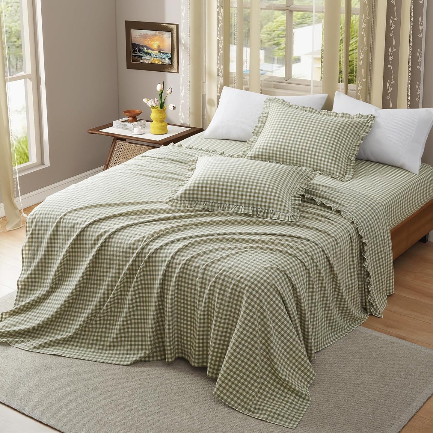 KKJIAF 3 Pieces Plaid Ruffle Twin Bed Sheets, Gingham Twin Sheet Set Comfy Breathable Ruffed Bed Sheet Set with 16 Inch Deep Pocket, Dusty Blue