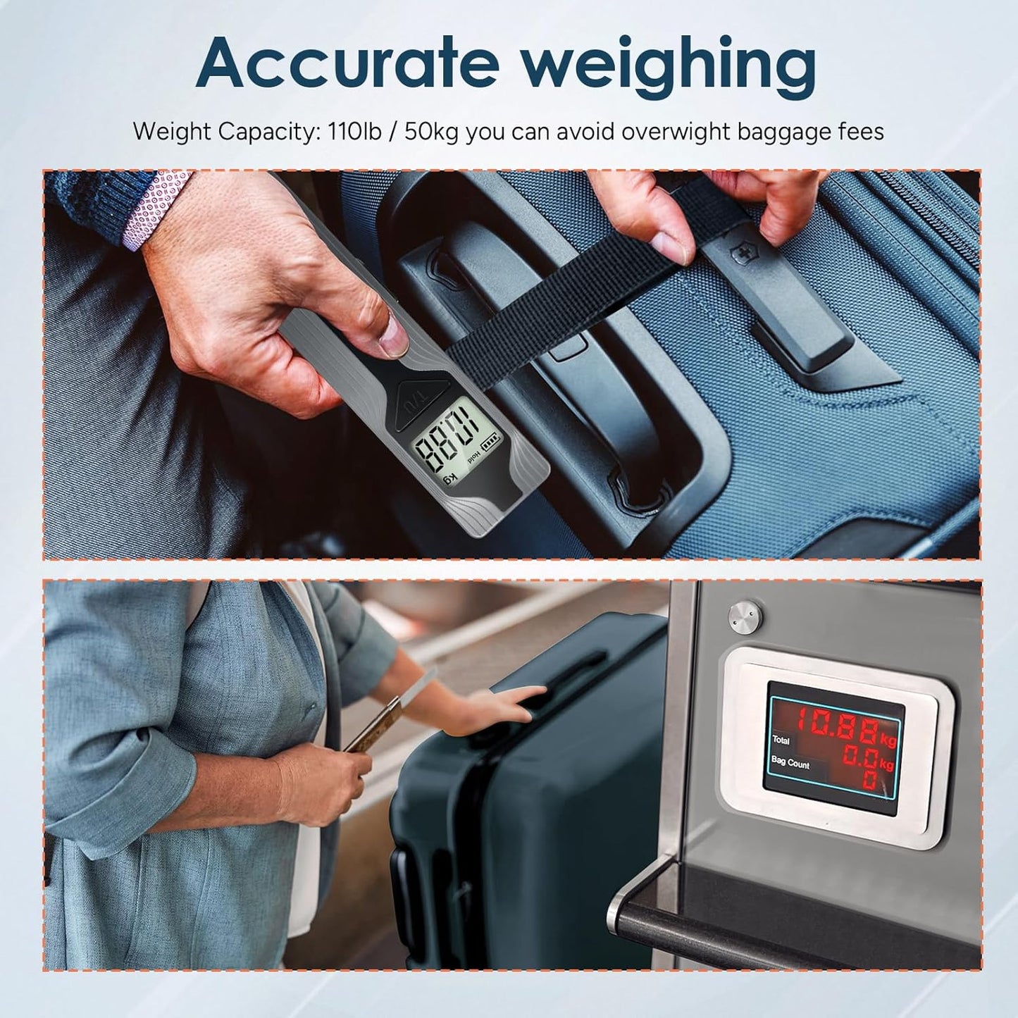 travel inspira Luggage Scale Battery-Free, Travel Essentials, Portable Handheld Digital Suitcase Weight Scale for for Travel Accessories, 110lbs/50kg (Gray)
