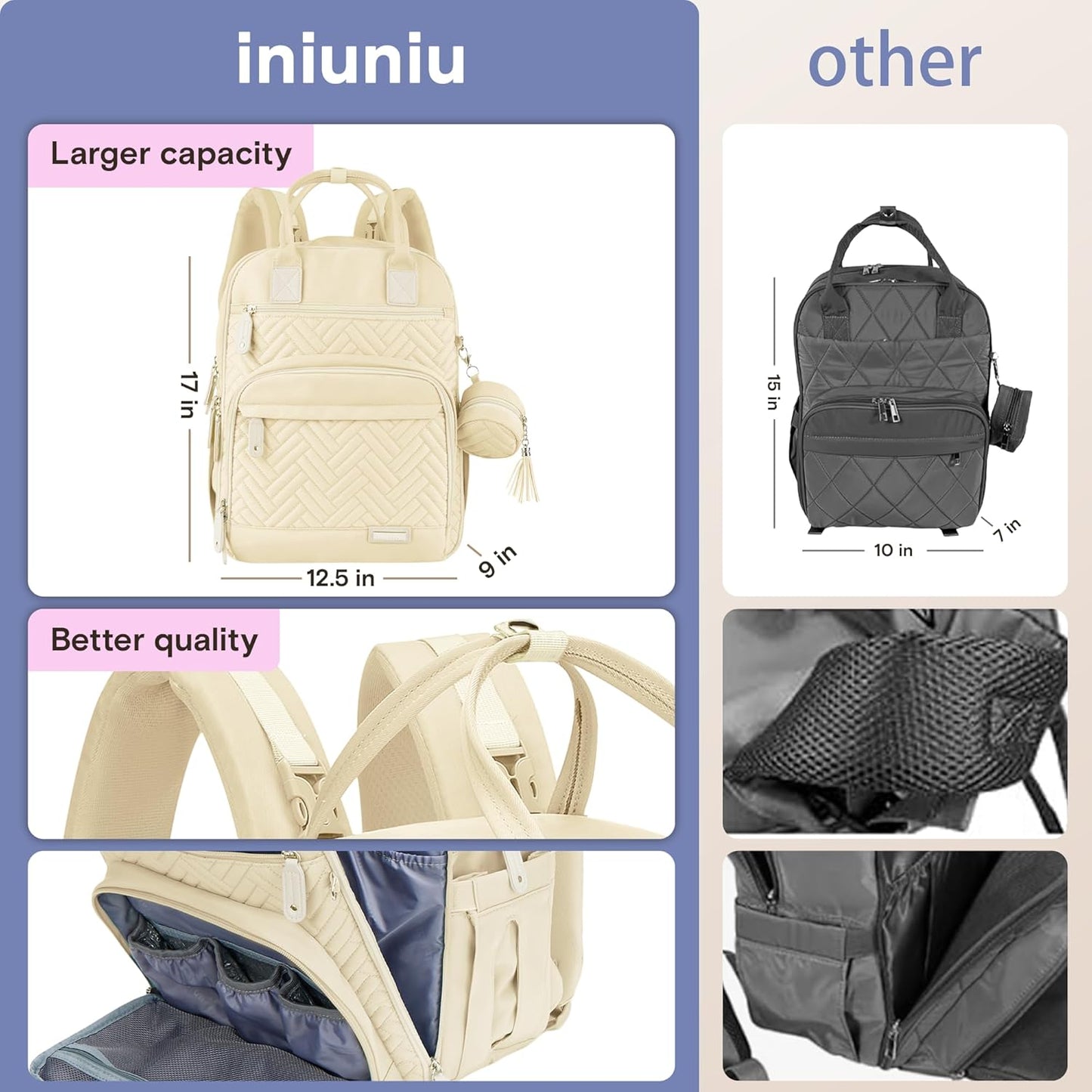 Diaper Bag Backpack, iniuniu Large Baby Bags with Diaper Pouch, Washable Changing Pad, Pacifier Case and Stroller Straps