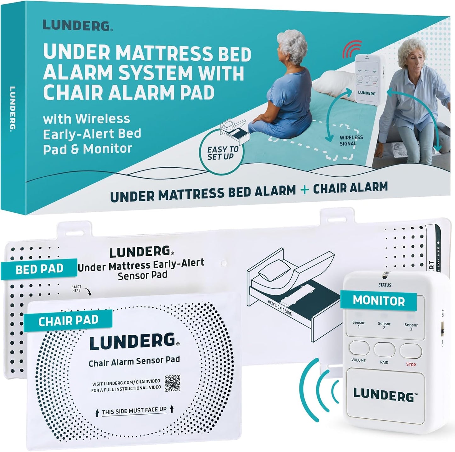 Lunderg Undermattress Bed Alarm for Elderly Adults & Chair Alarm Set - Wireless Early-Alert Mattress Pad, Chair Pad & Pager - Bed Alarms and Fall Prevention for Elderly and Dementia Patients
