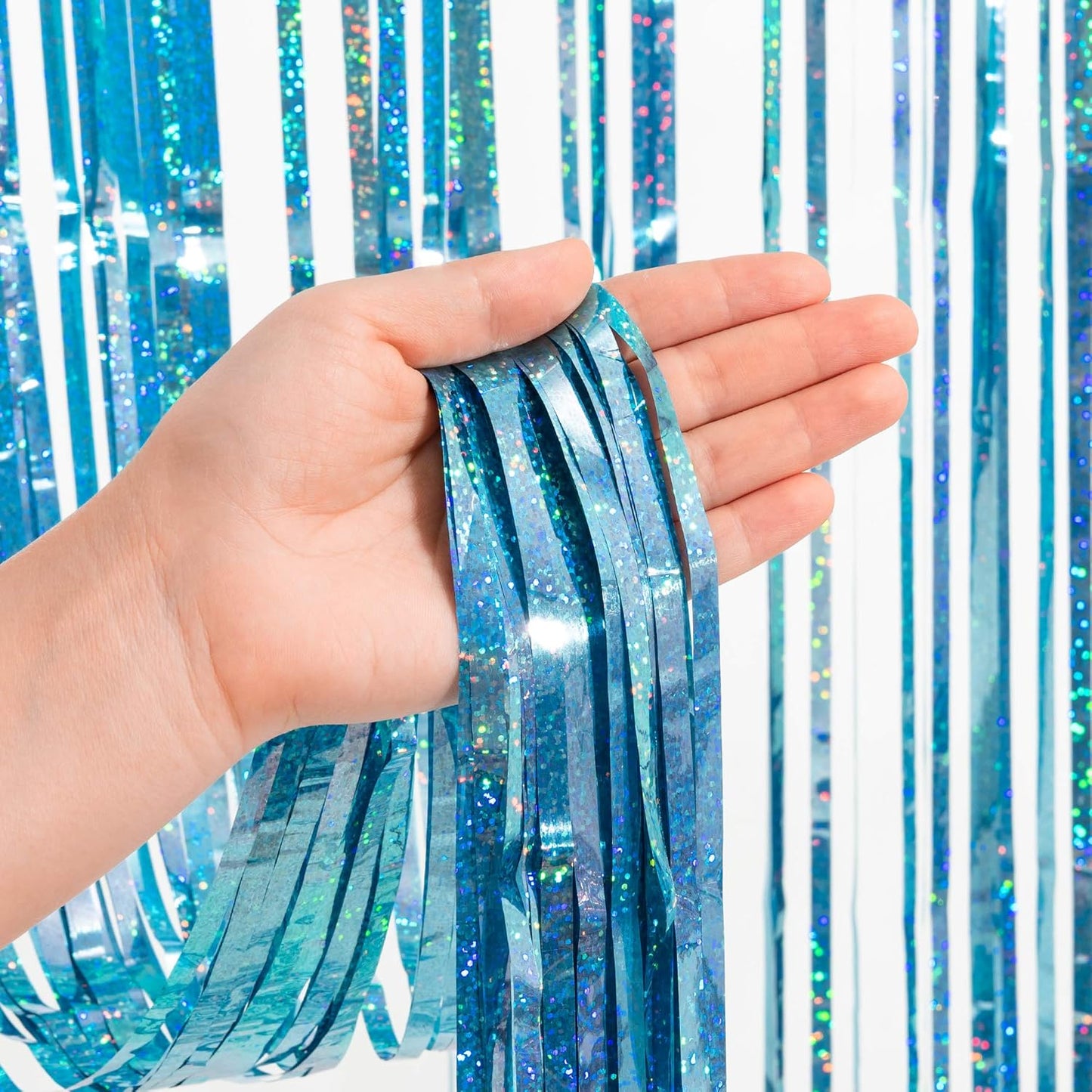 GREATRIL Iridescent Party Tinsel Fringe Backdrop Decorations - Holographic Foil Streamers Curtain for Mermaid/Under The Sea/Frozen/Ocean/Disco/Birthday Themed 3.2ft x 6.5ft - 2 PCS