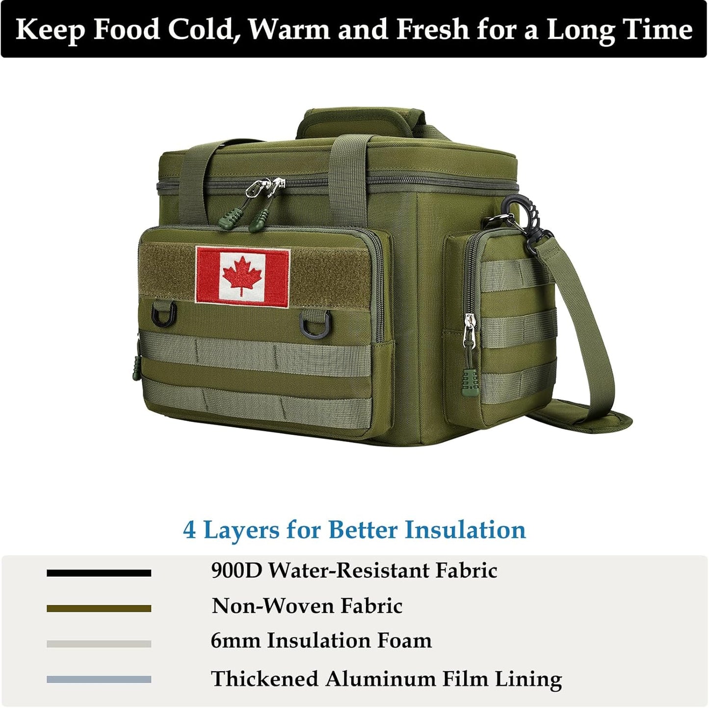 Tactical Lunch Bag for Men, Large Leakproof Insulated Lunch Box, Lunch Cooler Bag with Shoulder Strap, Lunch Pail for Adults Work Outdoor Picnic Trips, Black Camo