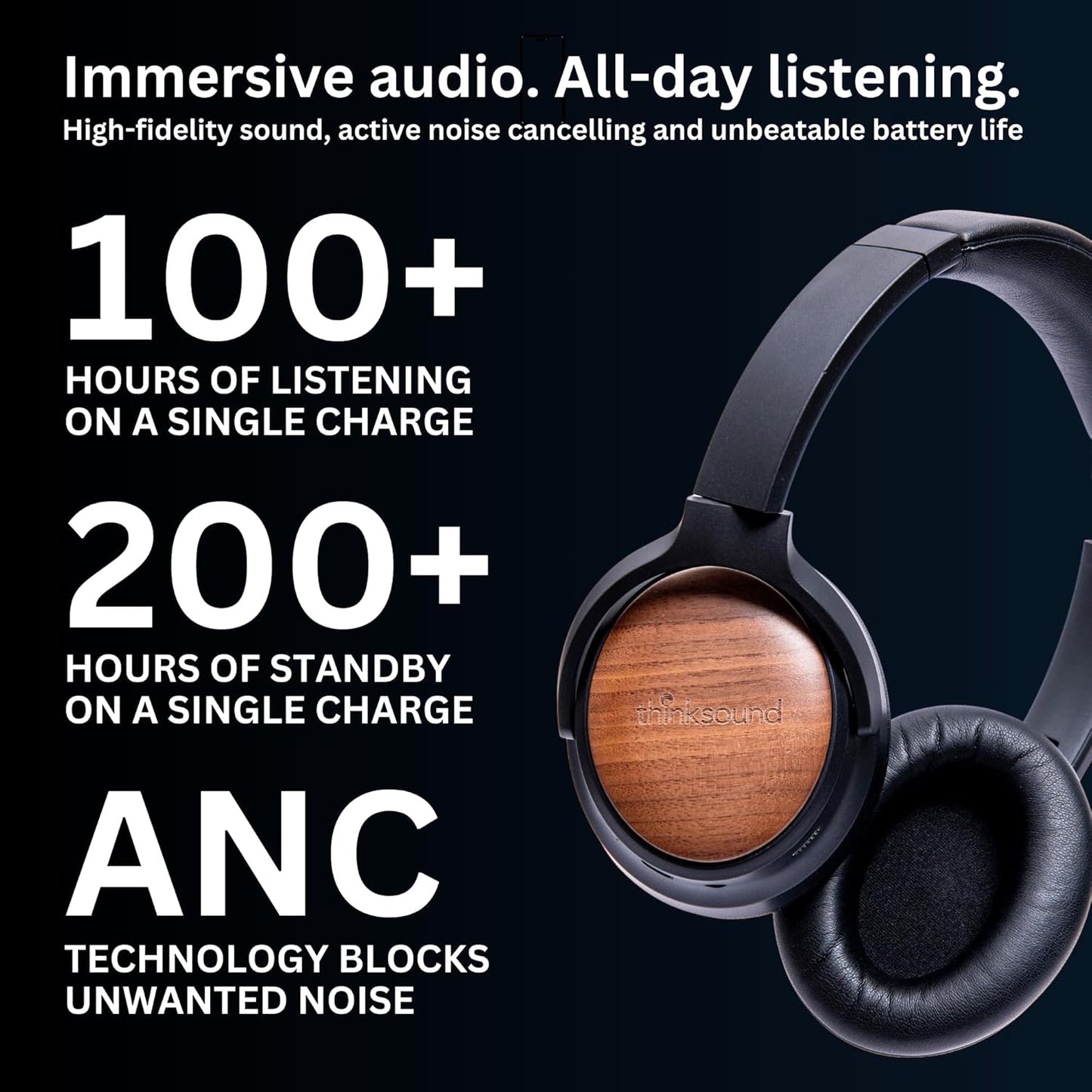 Thinksound ov202w Over Ear Noise Cancelling Headphones, 100+ Hours of Listening ANC Hybrid Active Noise canceling Battery Best HiFi Headset for Studio Monitor, Beats, Musicians, Gym, Guitar, bass